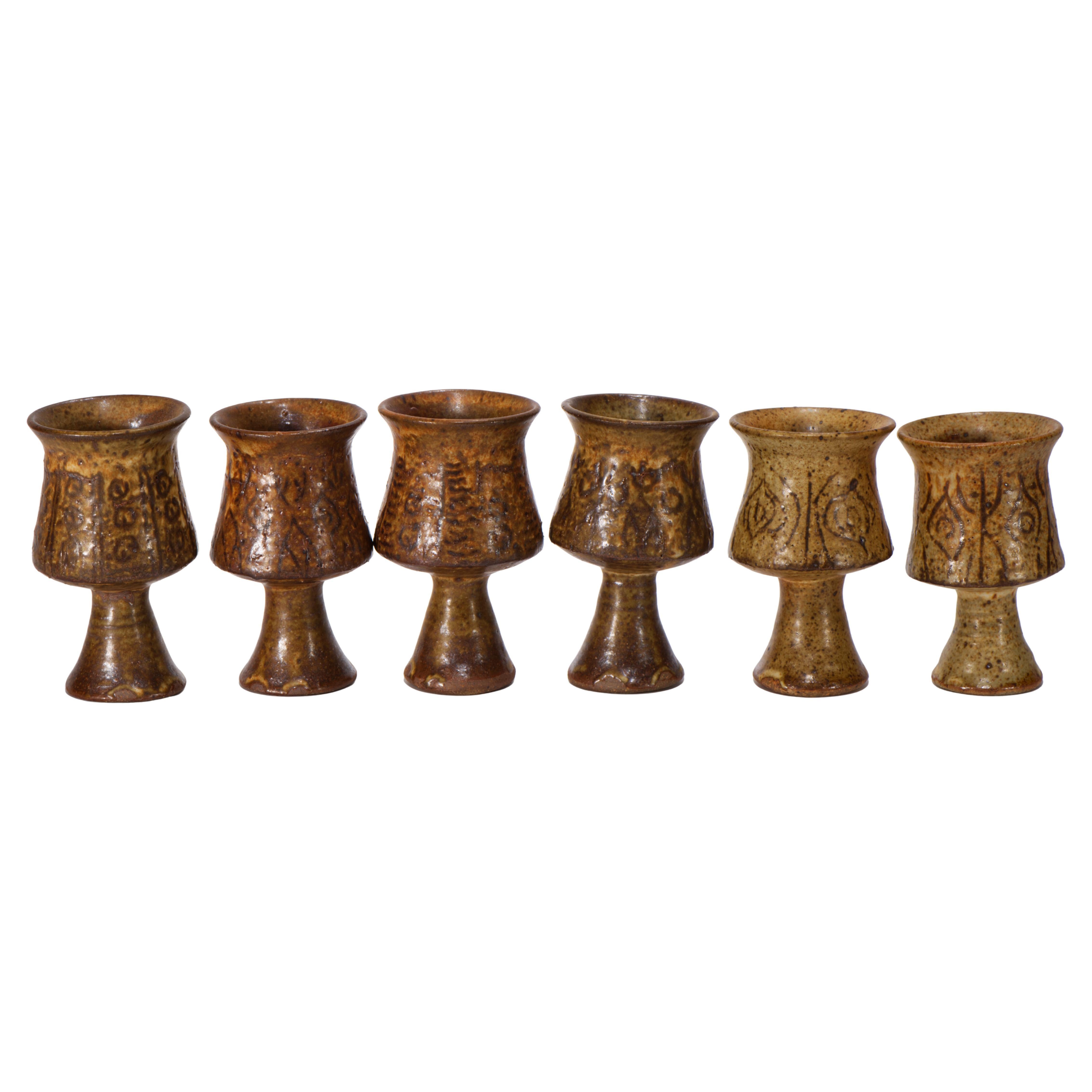 Ensemble de 6 verres à pied en émail salé, poterie d
art américaine Studio Pottery 1970