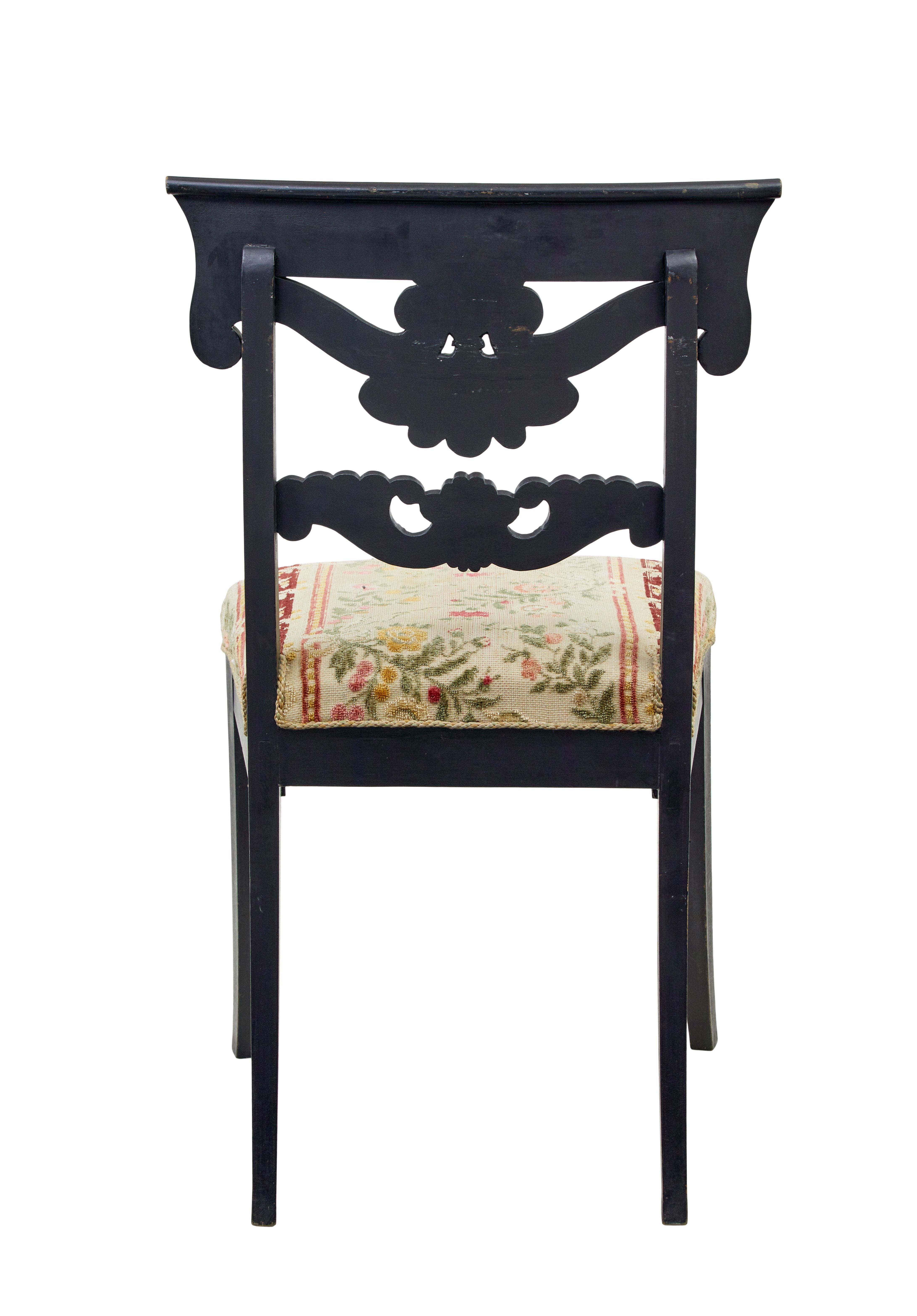 Carved Set of 6 Scandinavian carved and hand painted dining chairs For Sale
