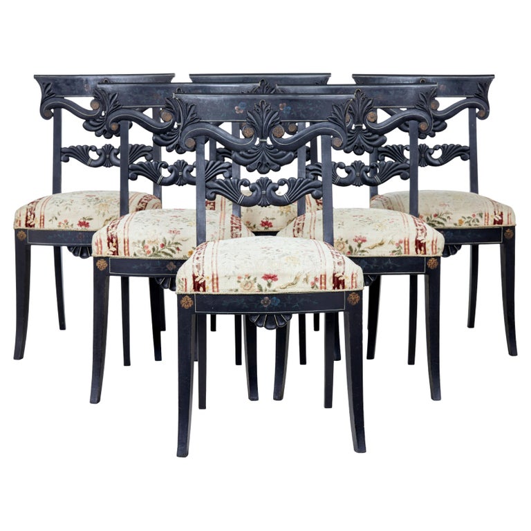 Set of 6 Scandinavian Carved and Hand Painted Dining Chairs For Sale at