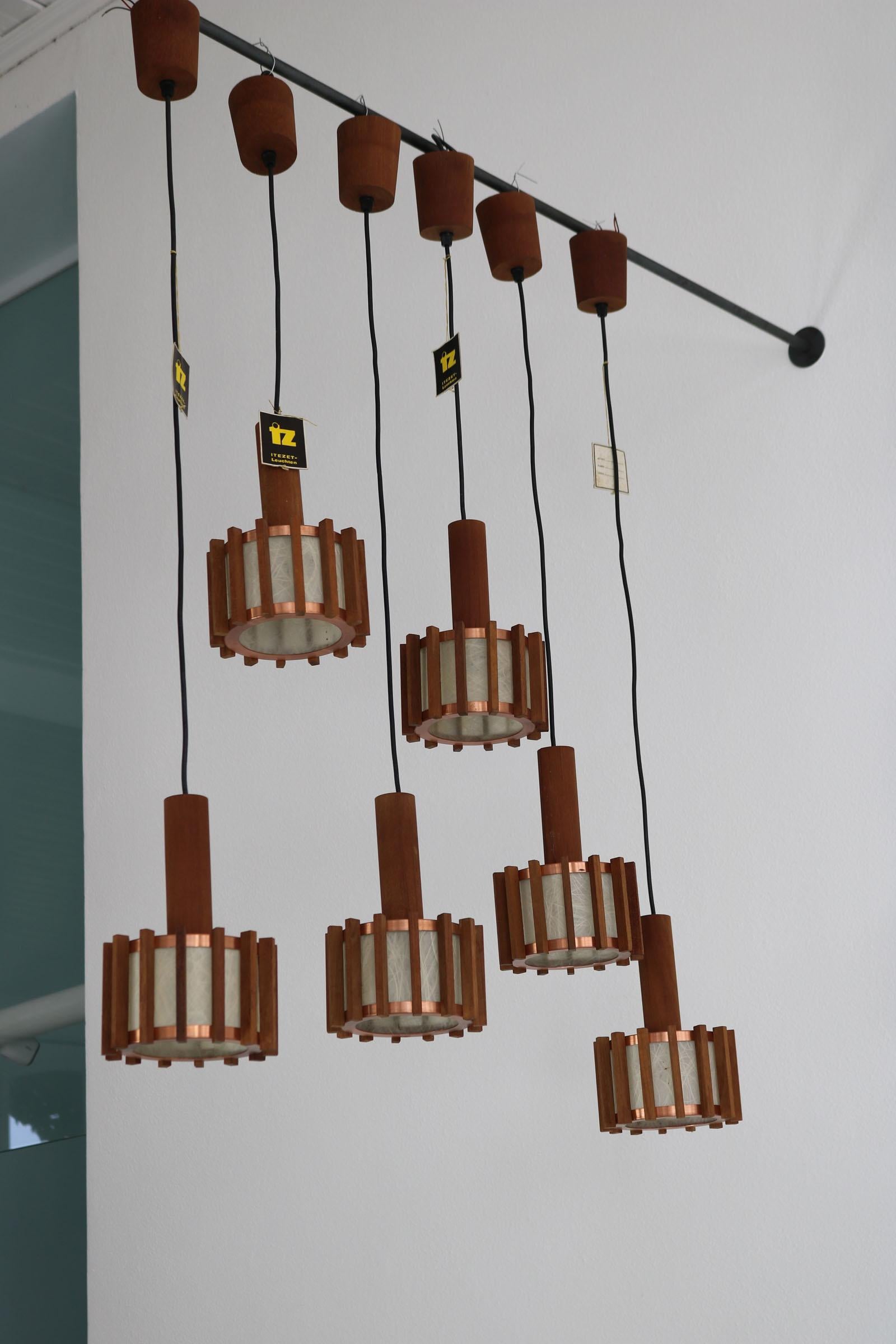 Set of 6 Scandinavian mid-century ceiling lamps made of teak & copper For Sale 3