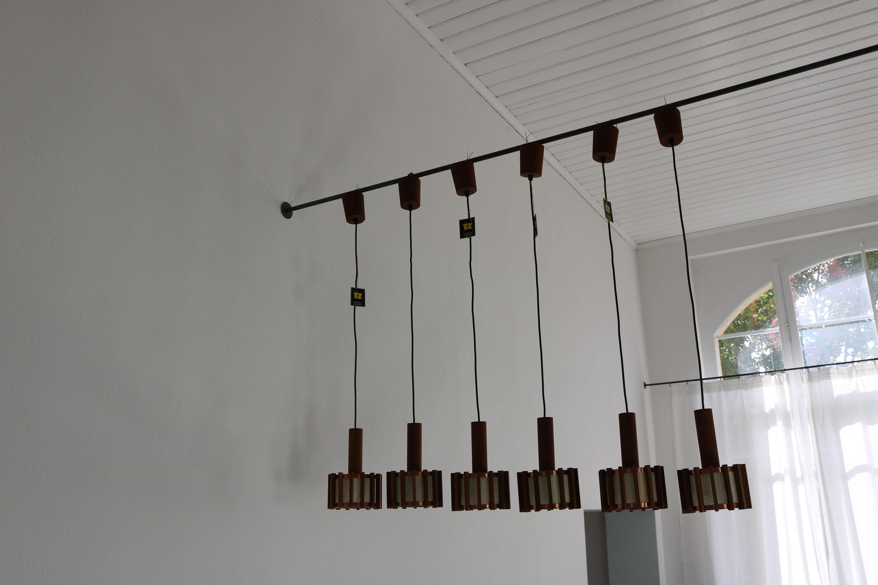 Set of 6 Scandinavian mid-century ceiling lamps made of teak & copper For Sale 4