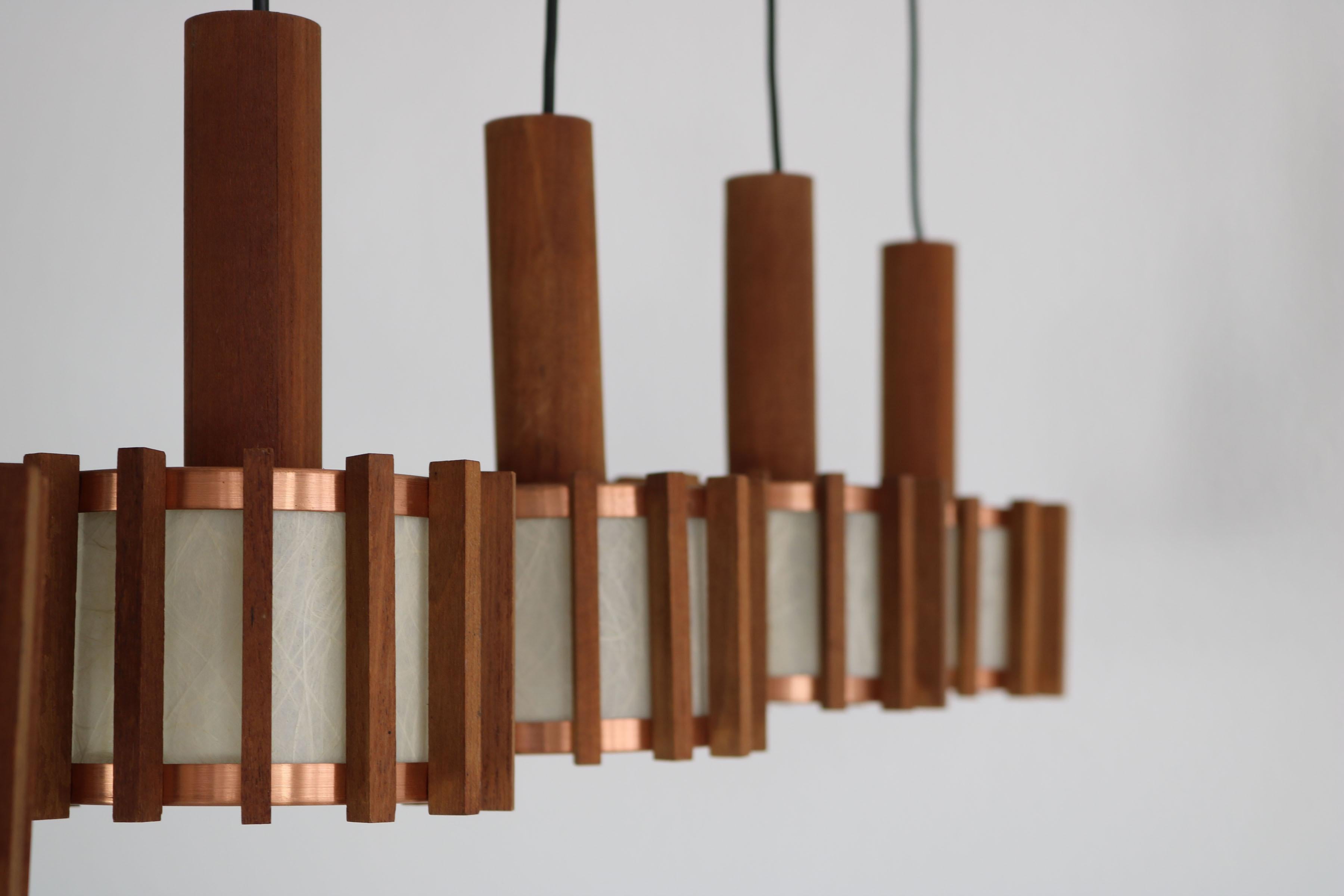 Set of 6 Scandinavian mid-century ceiling lamps made of teak & copper For Sale 6