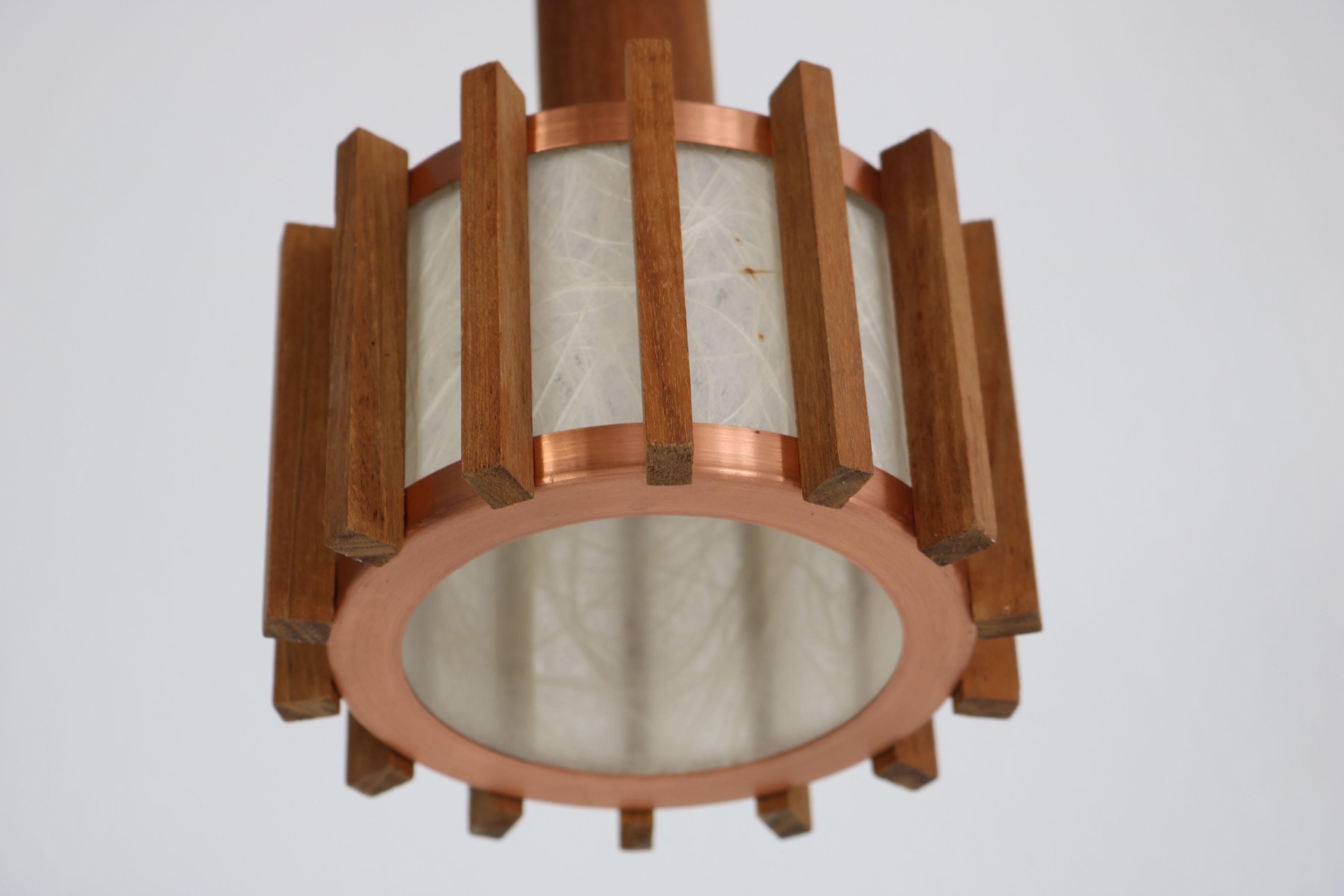 Set of 6 Scandinavian mid-century ceiling lamps made of teak & copper For Sale 10