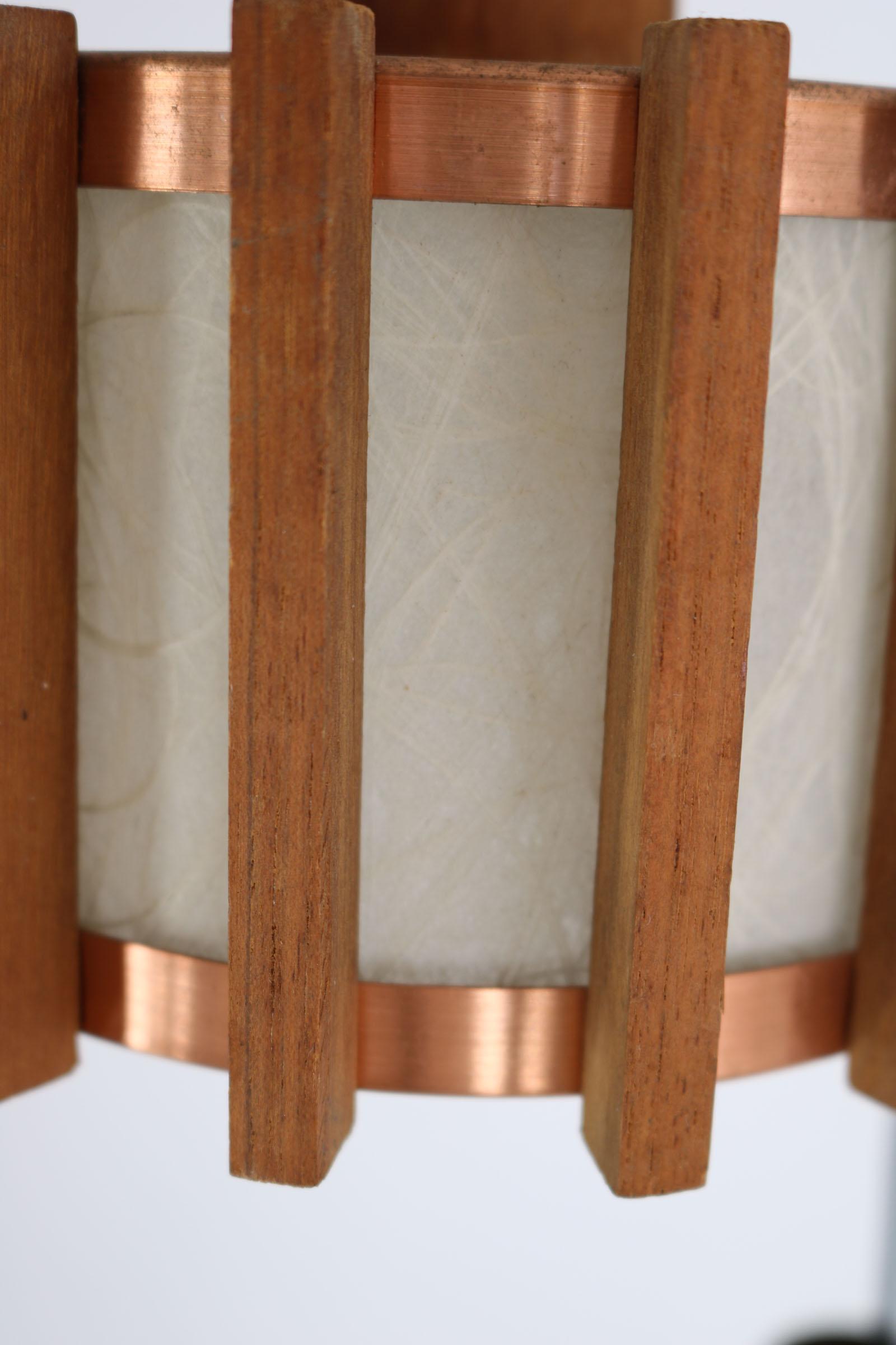 Set of 6 Scandinavian mid-century ceiling lamps made of teak & copper For Sale 11