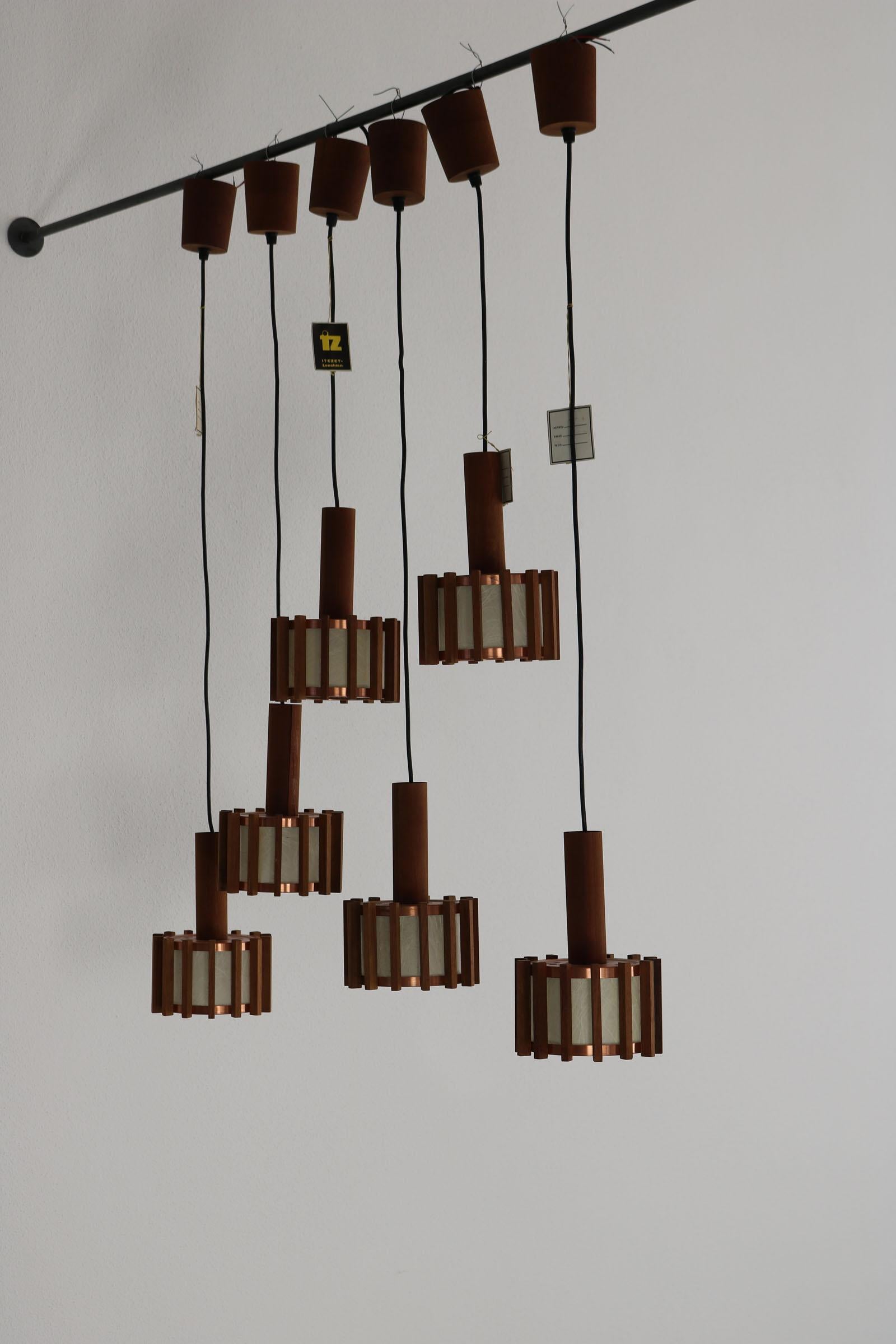 Copper Set of 6 Scandinavian mid-century ceiling lamps made of teak & copper For Sale