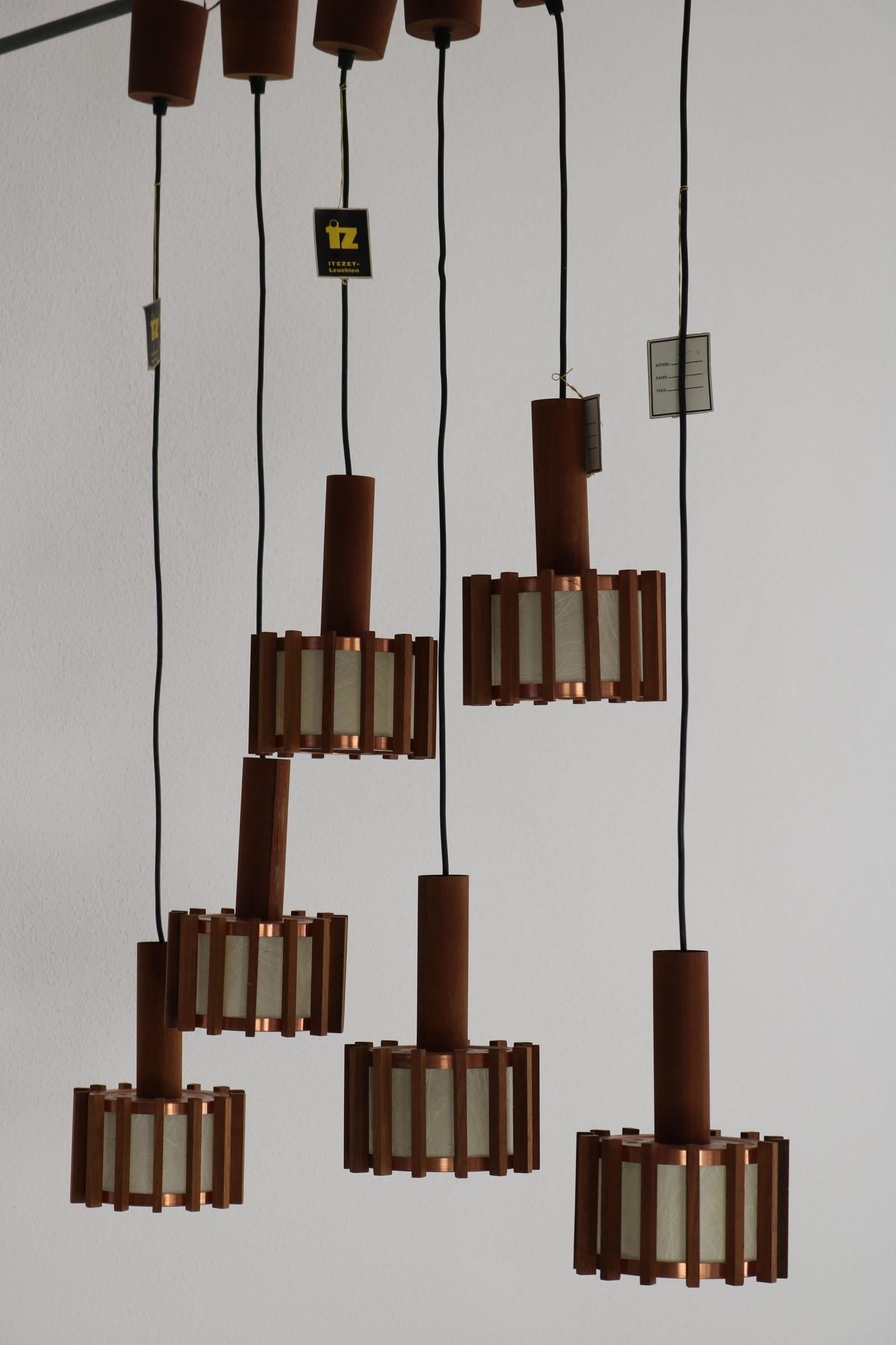 Set of 6 Scandinavian mid-century ceiling lamps made of teak & copper For Sale 2