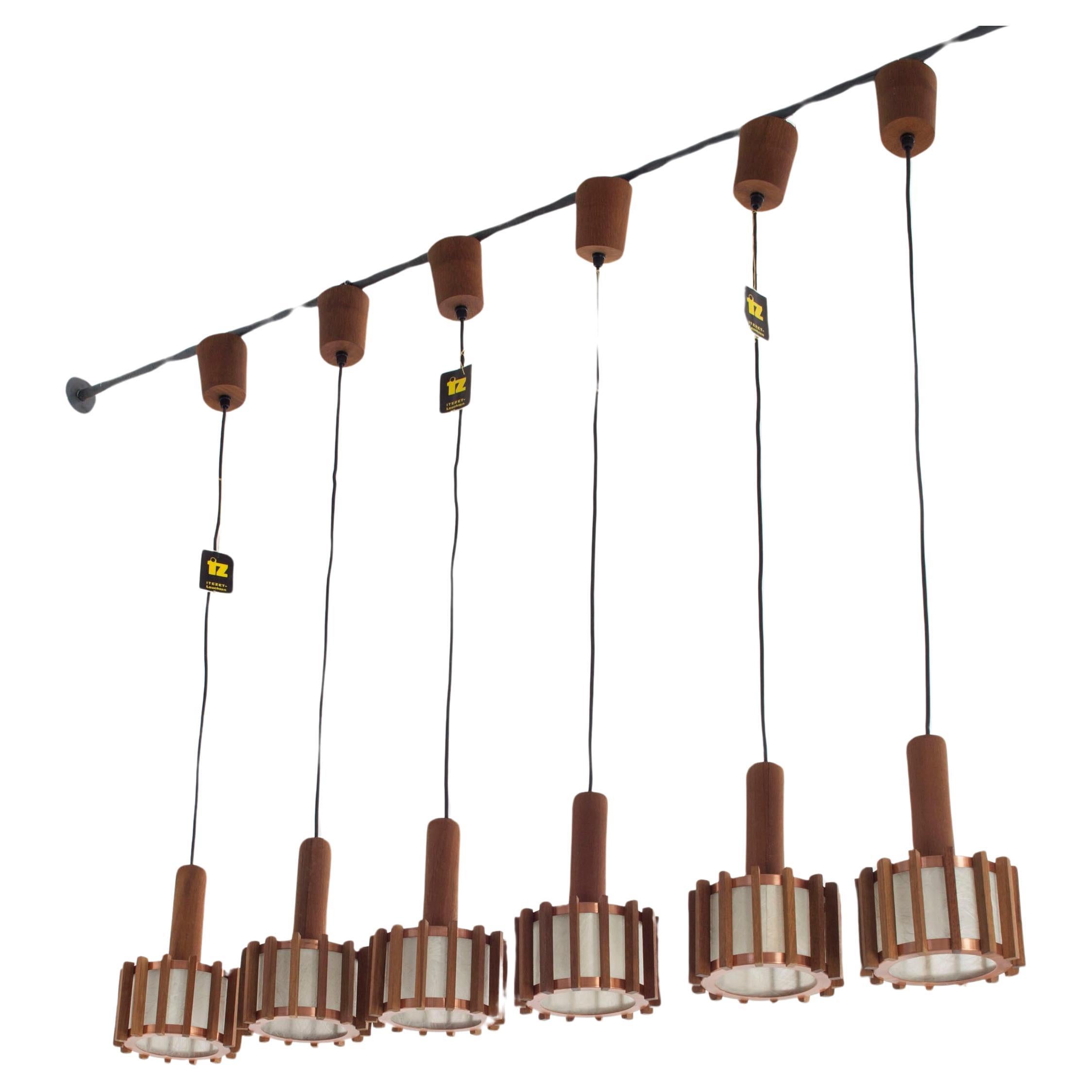 Set of 6 Scandinavian mid-century ceiling lamps made of teak & copper For Sale