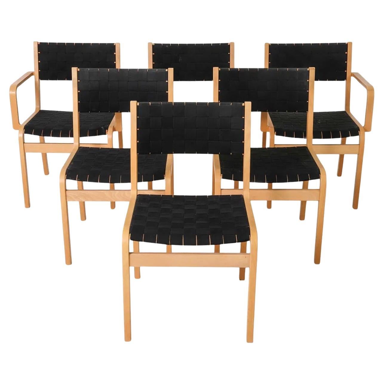 Set of 6 Scandinavian modern birch woven dining chairs style of Alvar Aalto