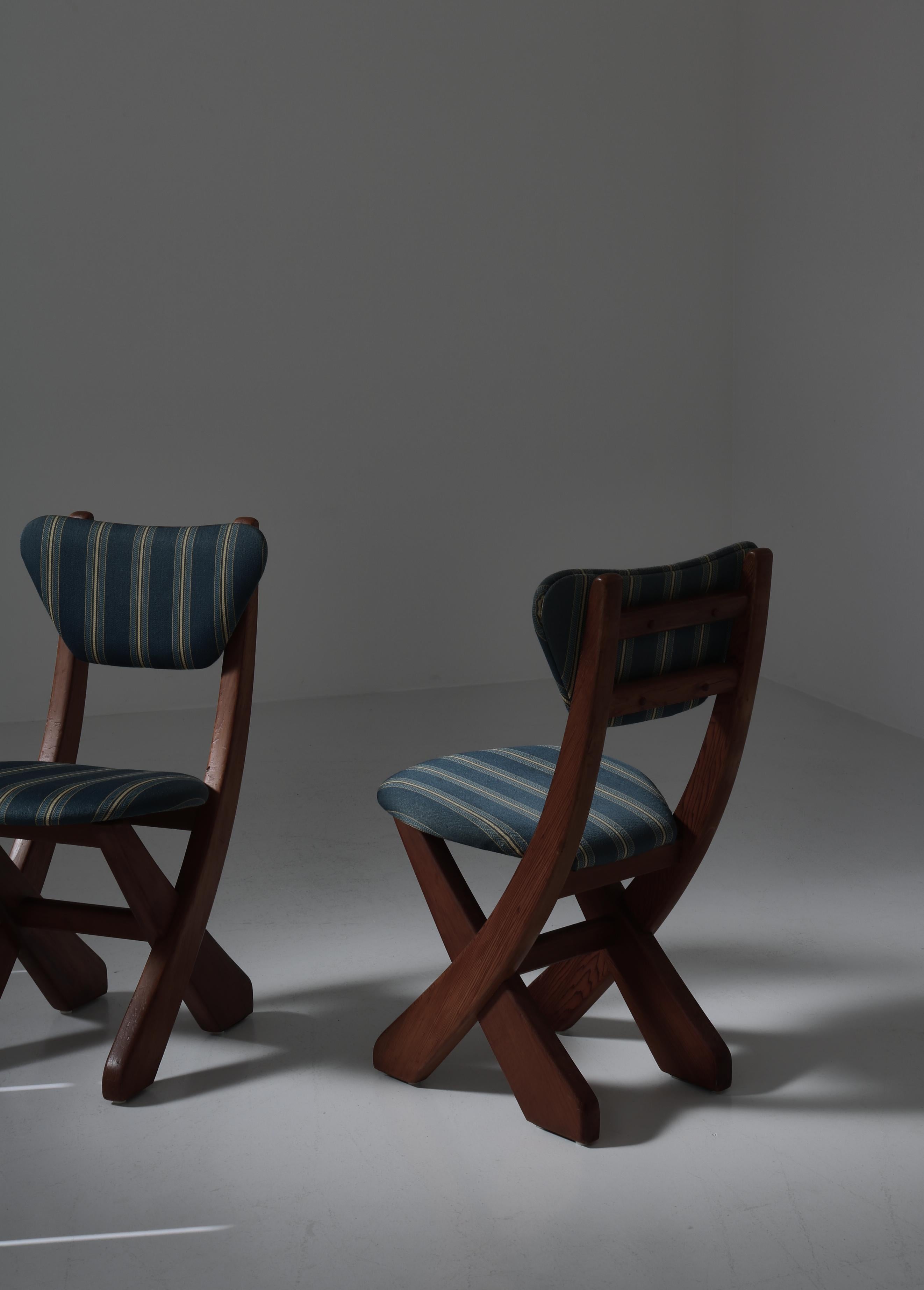 Charming set of Scandinavian Modern dining chairs in solid pinewood and original striped upholstery.