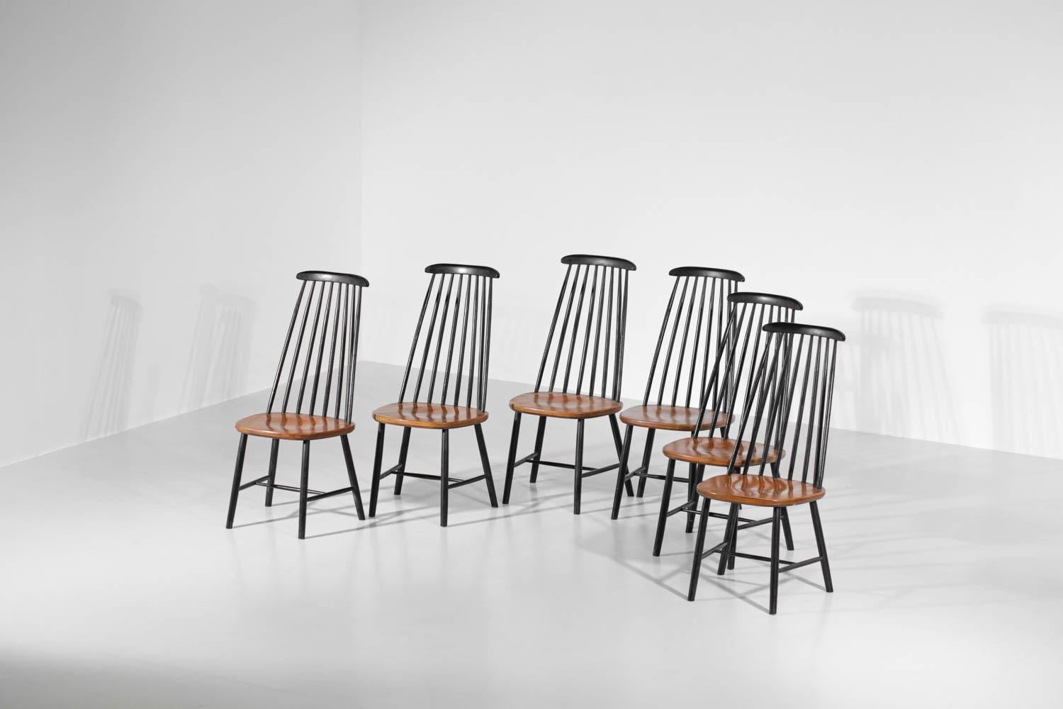 Mid-Century Modern Ensemble de 6 chaises scandinaves en bois de hêtre massif des années 60 Ilmari Tapiovaara, G en vente