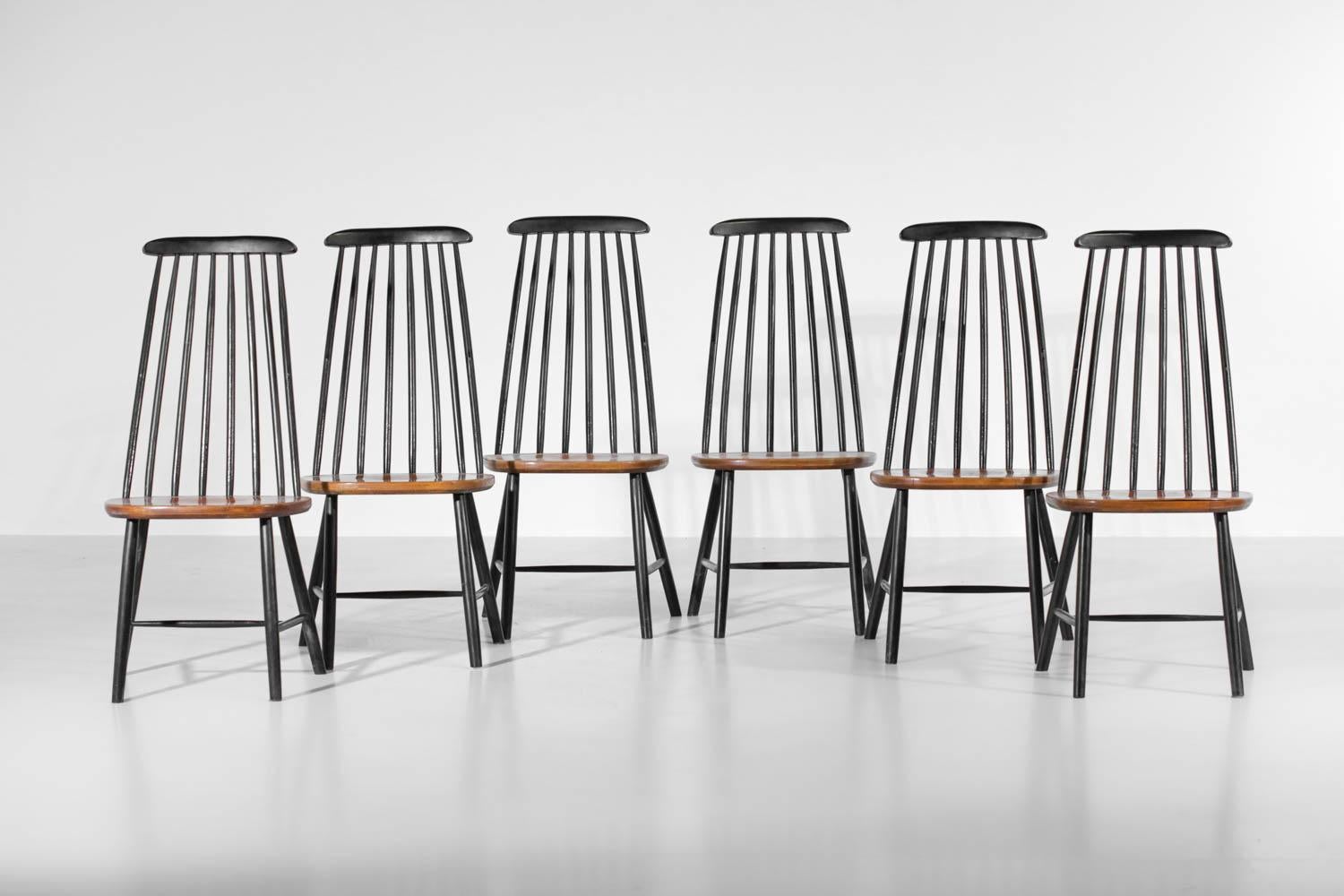 Lacquered Set of 6 Scandinavian Solid Beechwood Chairs from the 60's Ilmari Tapiovaara, G For Sale