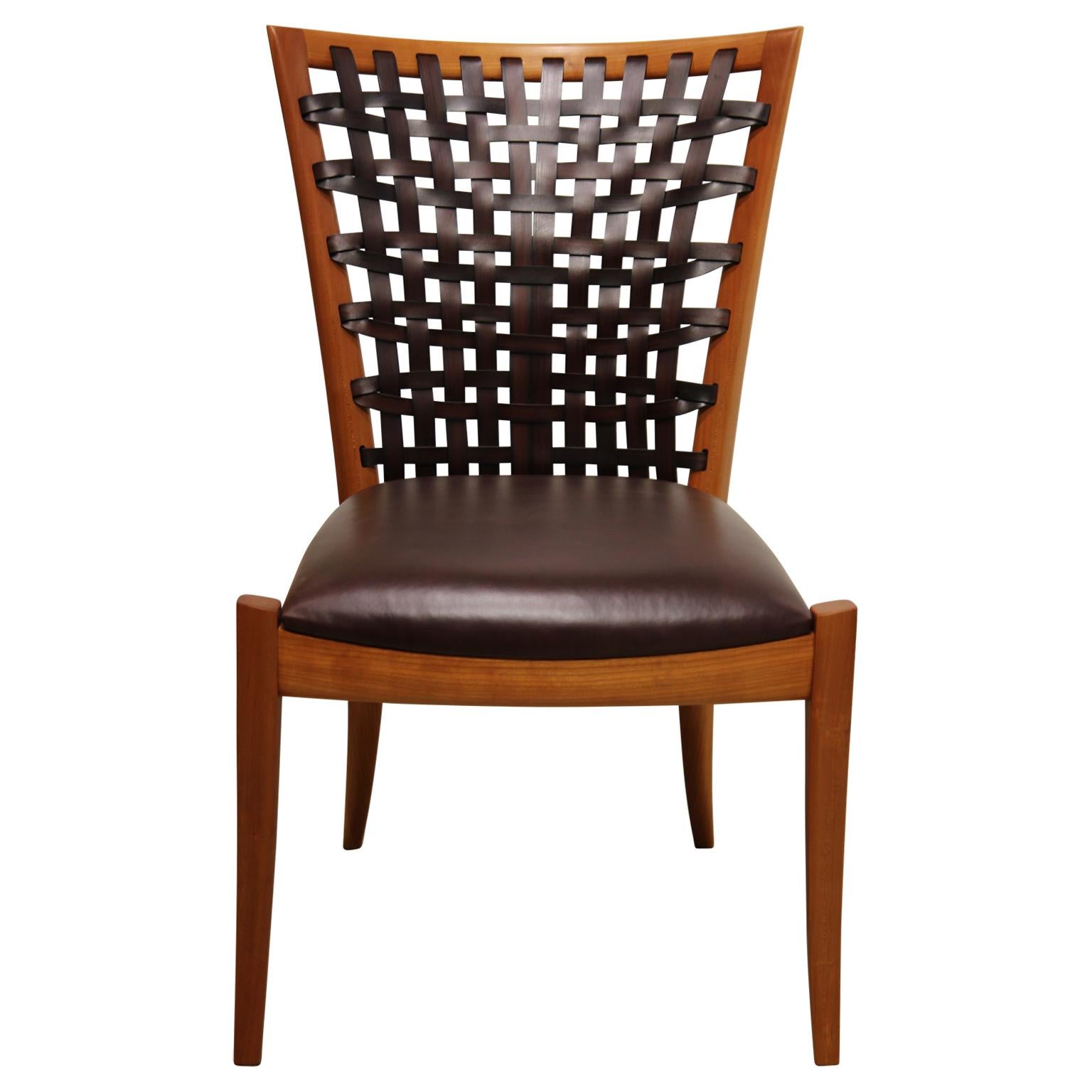American Set of 6 Sculptural Modern Dining Chairs with Woven Leather by Roger Deatherage