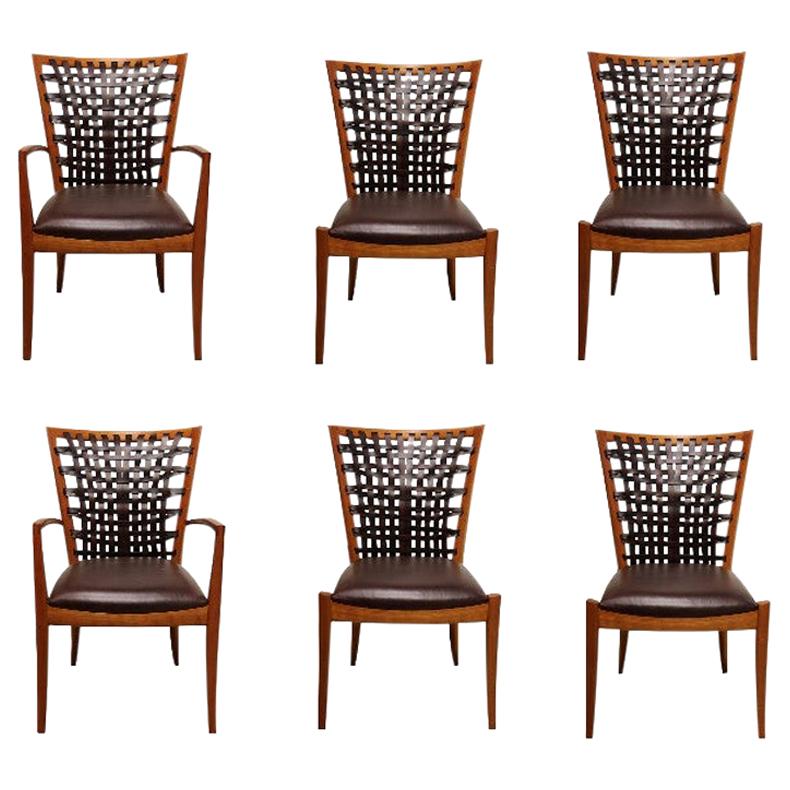 Set of 6 Sculptural Modern Dining Chairs with Woven Leather by Roger Deatherage