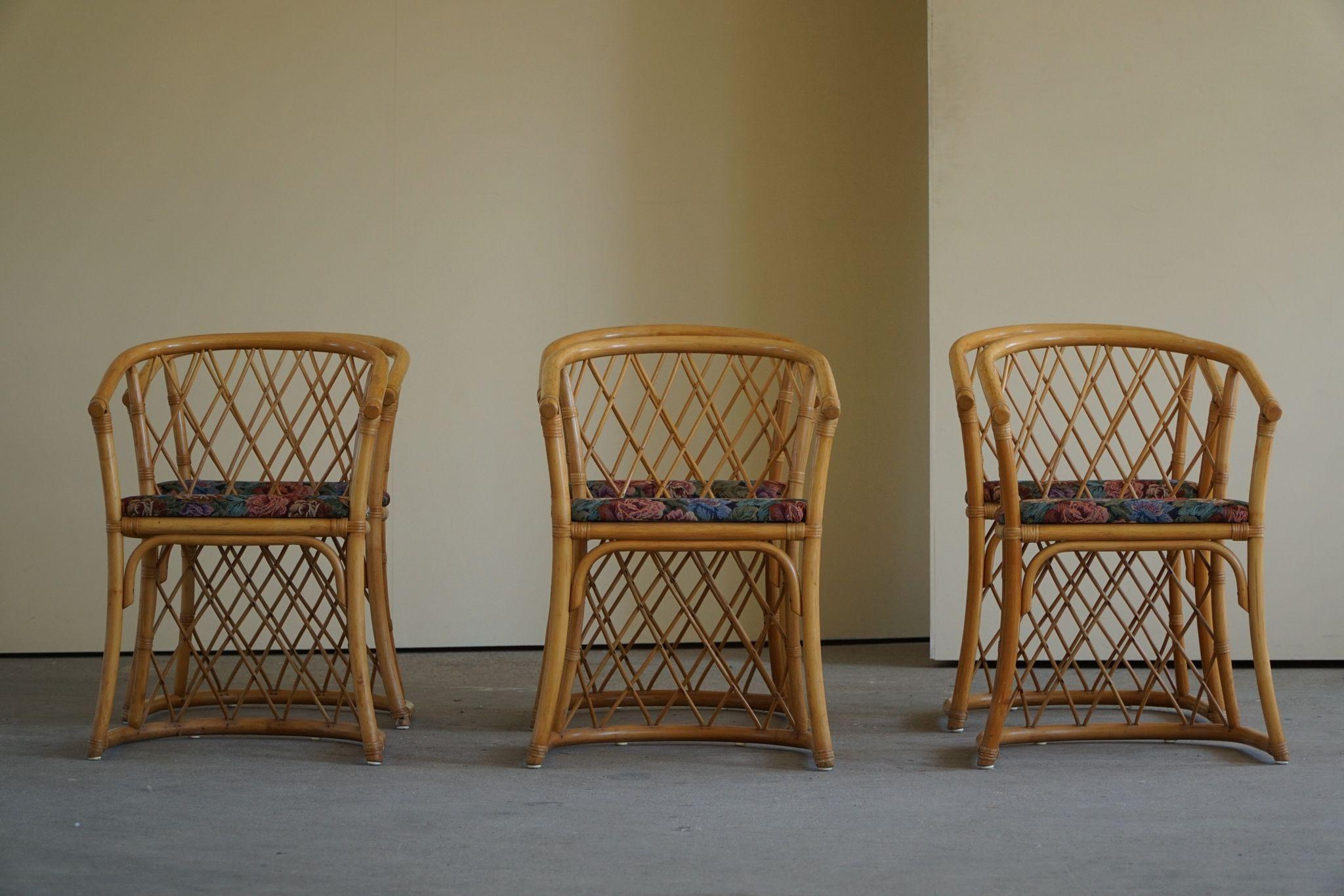 Fabric Set of 6 Sculptural Vintage Bamboo Dining Chairs, Danish Modern, Made in 1960s For Sale