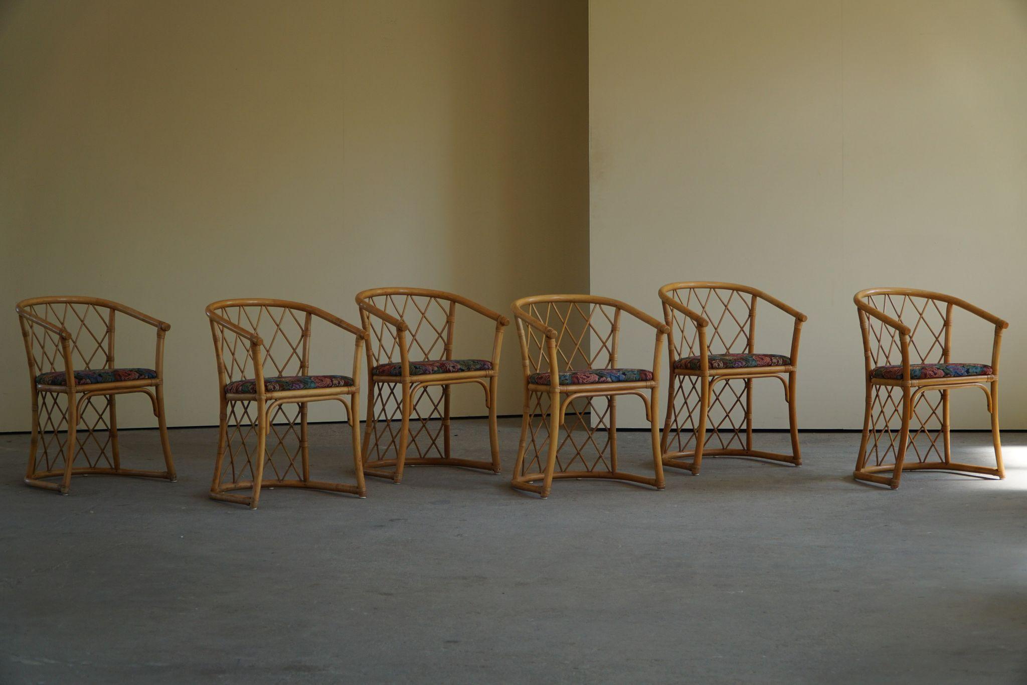Tissu Ensemble de 6 chaises de salle à manger sculpturales en bambou vintage, danoises modernes, fabriquées dans les années 1960 en vente