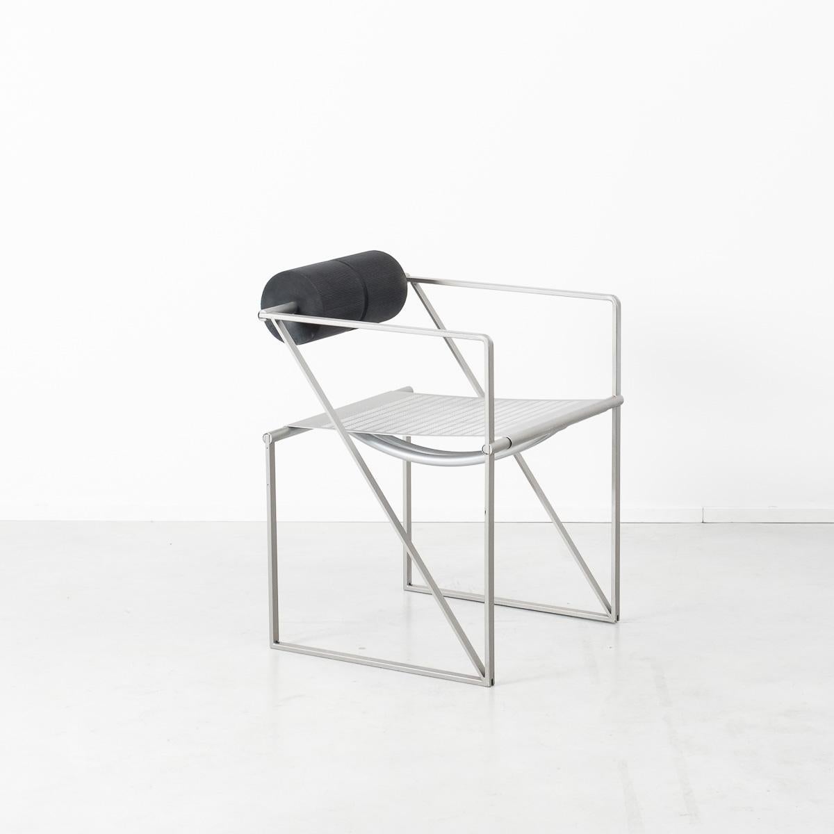 The Seconda chair is perhaps one of his most iconic pieces. This set of early period produced chairs are, like most of his designs, are made from metal tubing, flat bar and folded perforated sheet metal. The Seconda chair also noticeably features a