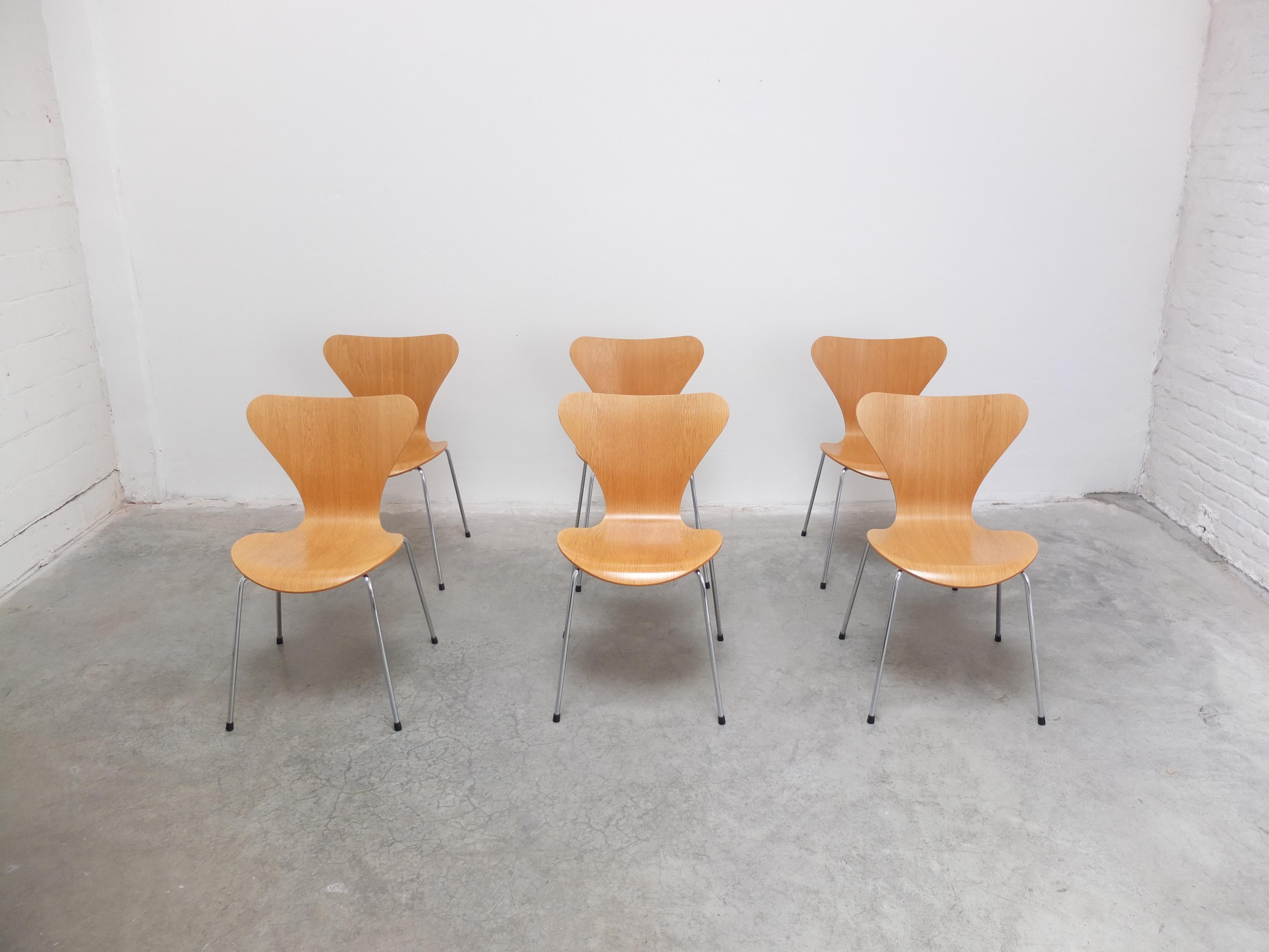 Great set of 6 ‘Series 7’ dining chairs designed by Arne Jacobsen in 1955. These examples are made of beautiful warm oak wood. In good condition with some minor traces of use as seen on the pictures. Produced in Denmark by Fritz Hansen in 1993
