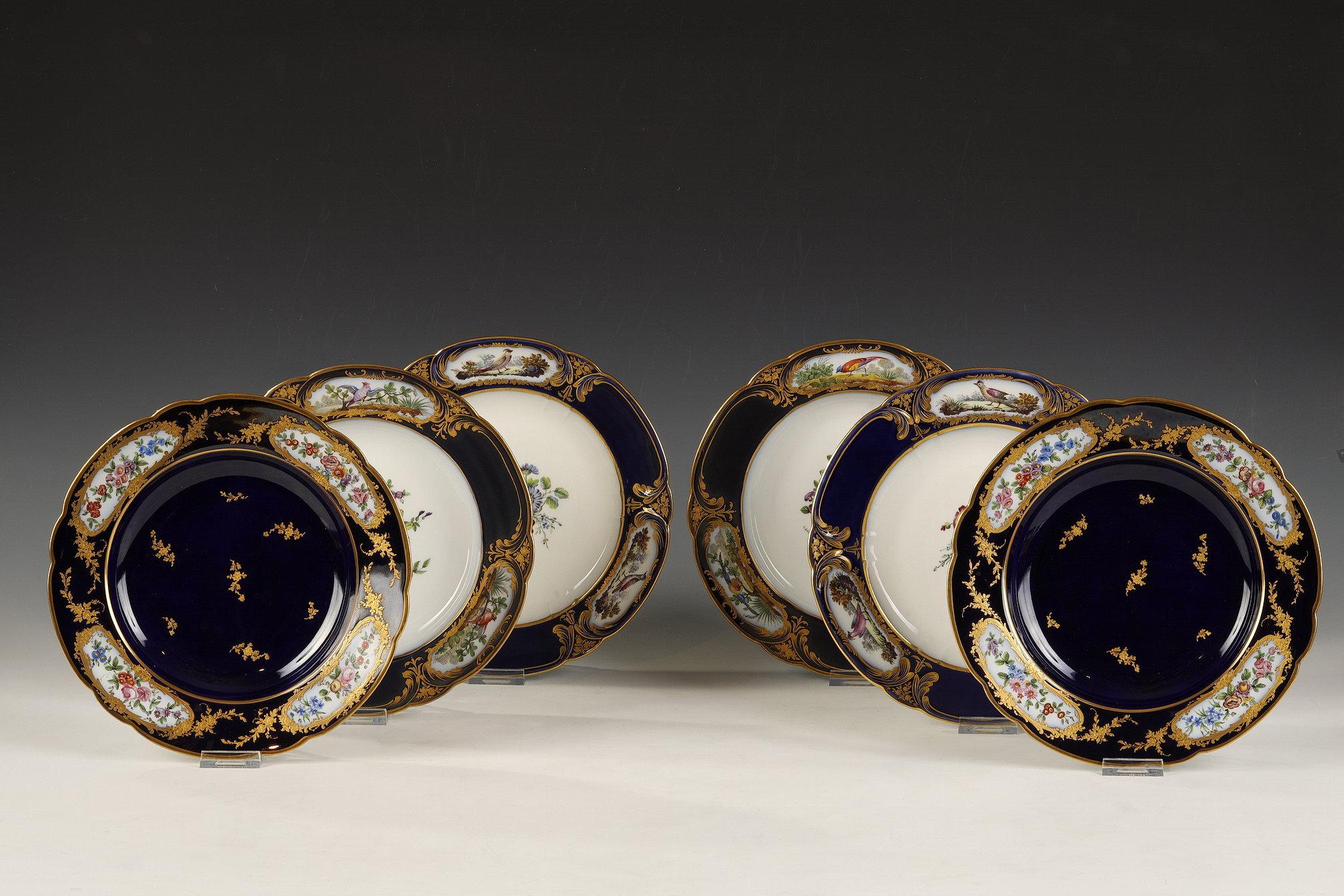 Louis XV Lot de 6 assiettes en porcelaine de style Sèvres, France, vers 1880 en vente