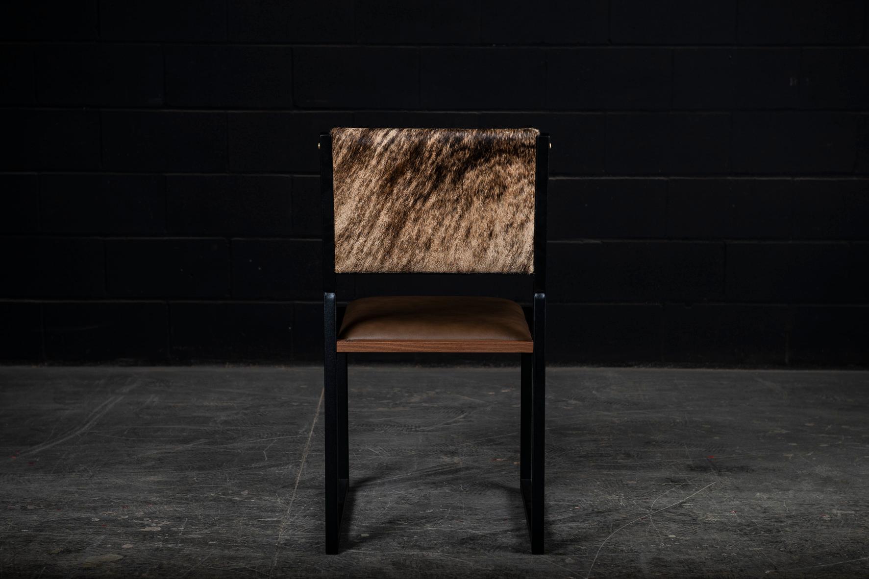 Canadian 6x Shaker Modern Chair by Ambrozia, Walnut, Brown Leather, Brown Brindle Cowhide For Sale