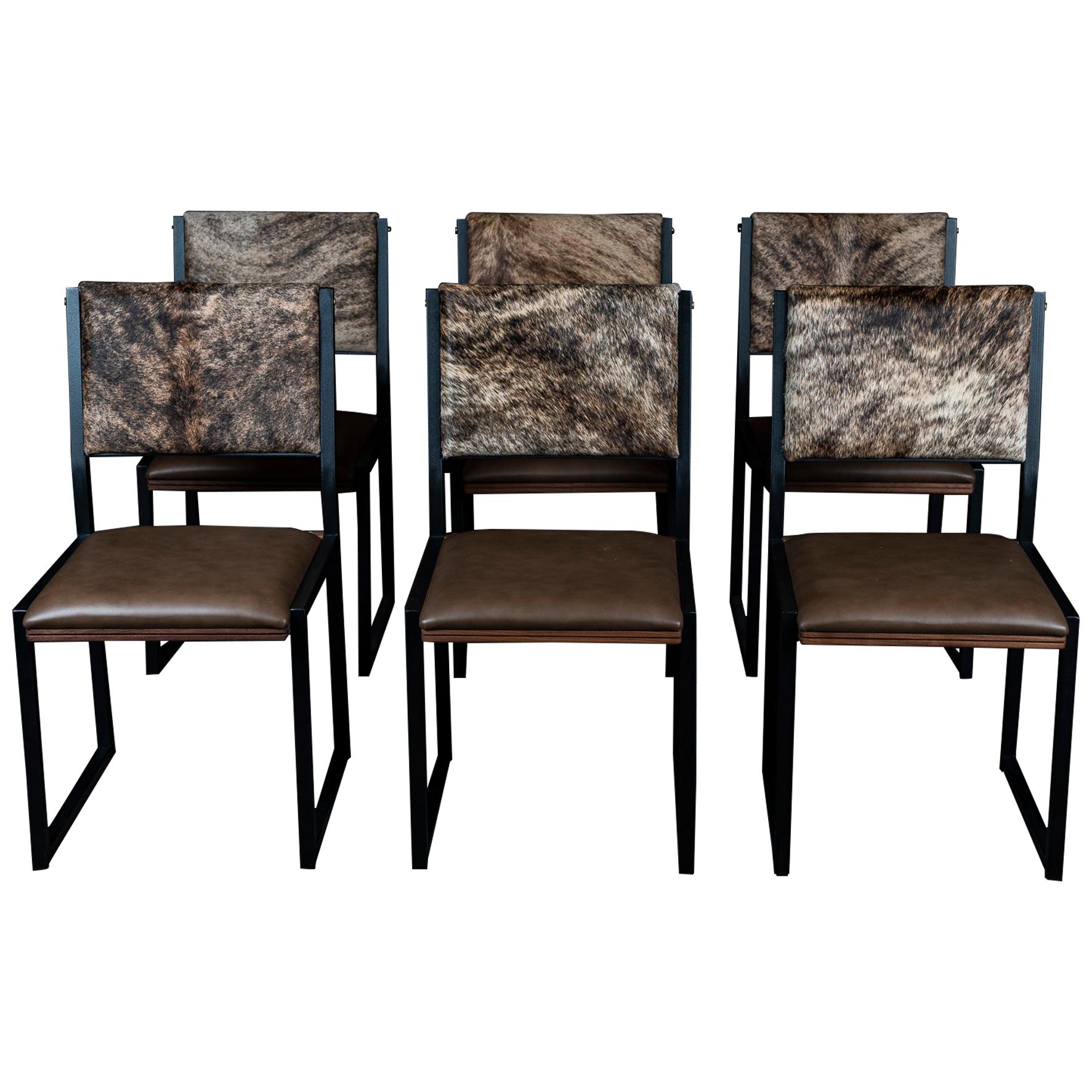 6x Shaker Modern Chair by Ambrozia, Walnut, Brown Leather, Brown Brindle Cowhide For Sale