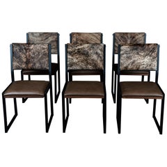 6x Shaker Modern Chair by Ambrozia, Walnut, Brown Leather, Brown Brindle Cowhide
