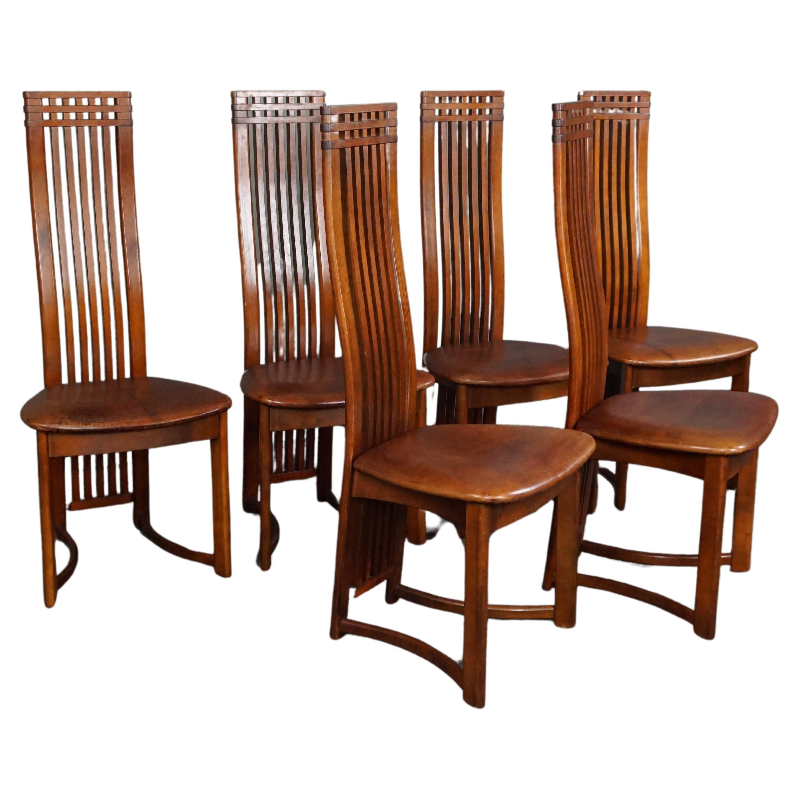 Set of 6 sheep leather dining room chairs in Art Nouveau style For Sale