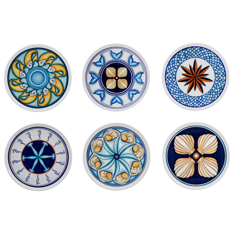 Set of 6 Sicilian Clay HandPainted Colapesce Dinner Plates, Made in