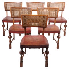 Set of 6 Side Chairs in Oak and Patinated Leather, 1940s