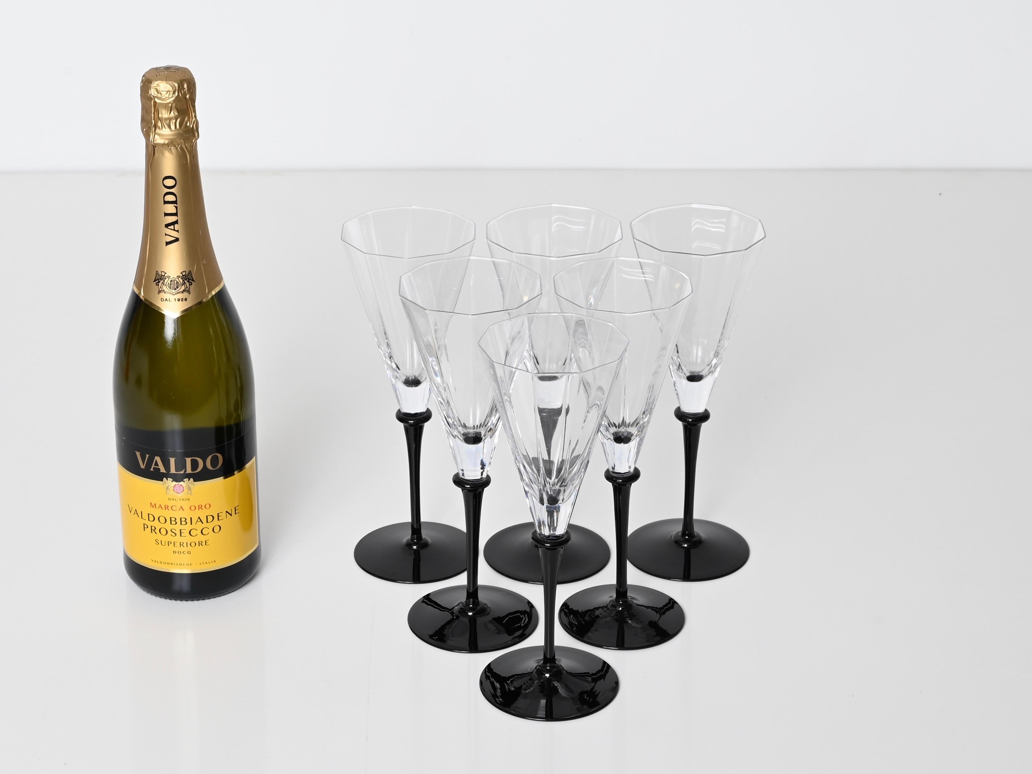 Set of 6 Signed Cartier Champagne Glasses, Crystal with Black Stem, France 1980s For Sale 4