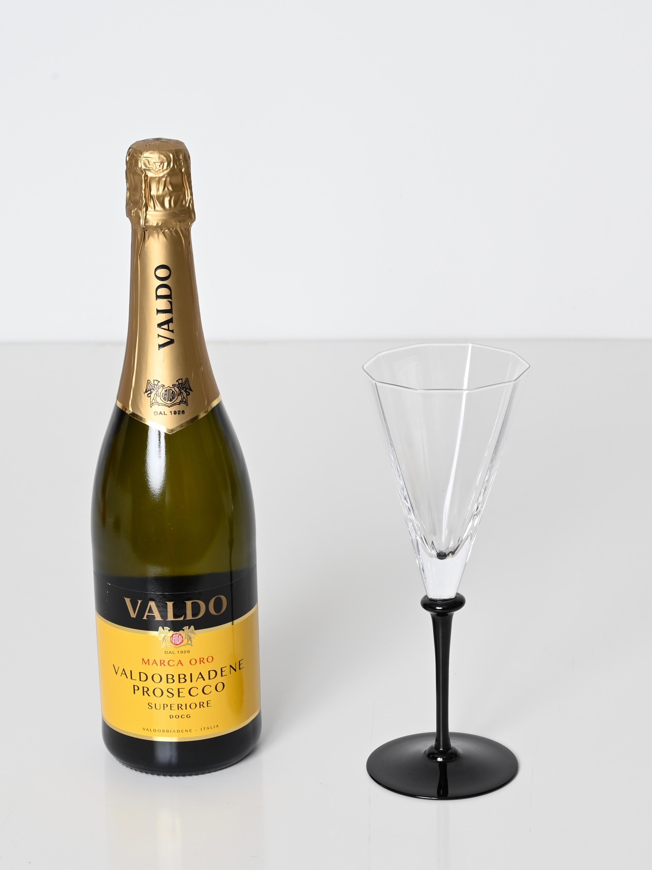 Late 20th Century Set of 6 Signed Cartier Champagne Glasses, Crystal with Black Stem, France 1980s For Sale