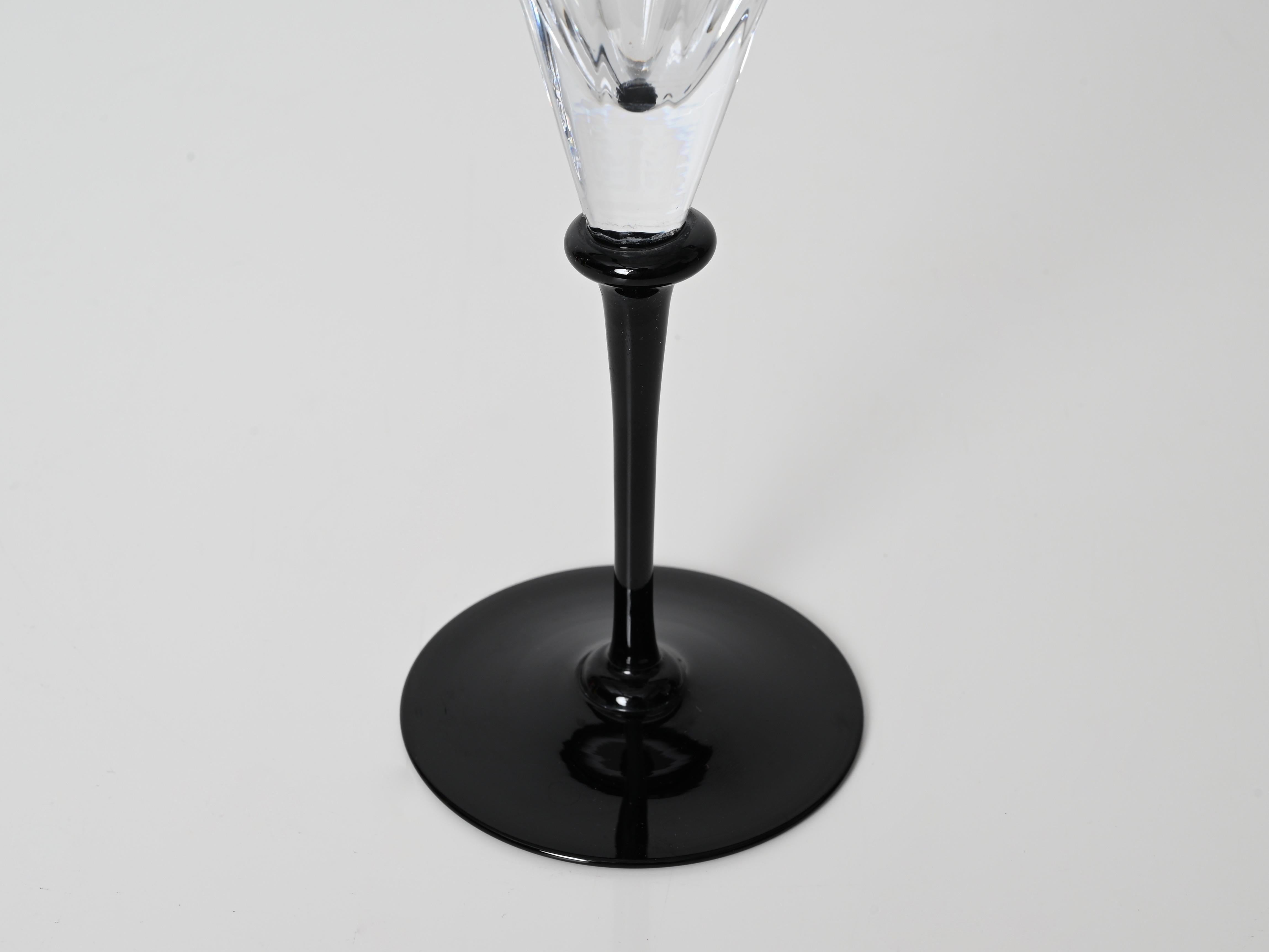 Set of 6 Signed Cartier Champagne Glasses, Crystal with Black Stem, France 1980s For Sale 1