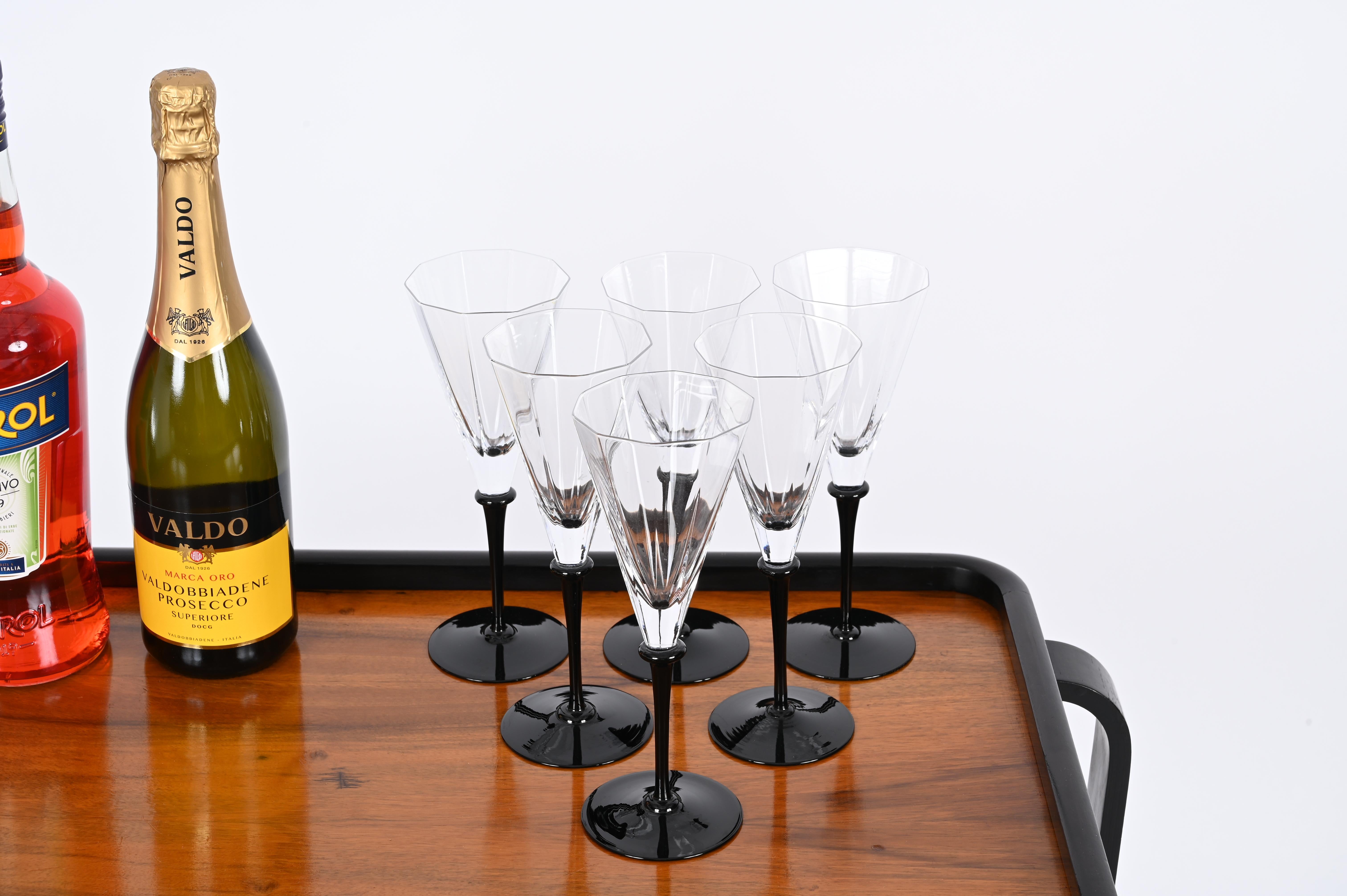 Set of 6 Signed Cartier Champagne Glasses, Crystal with Black Stem, France 1980s For Sale 2
