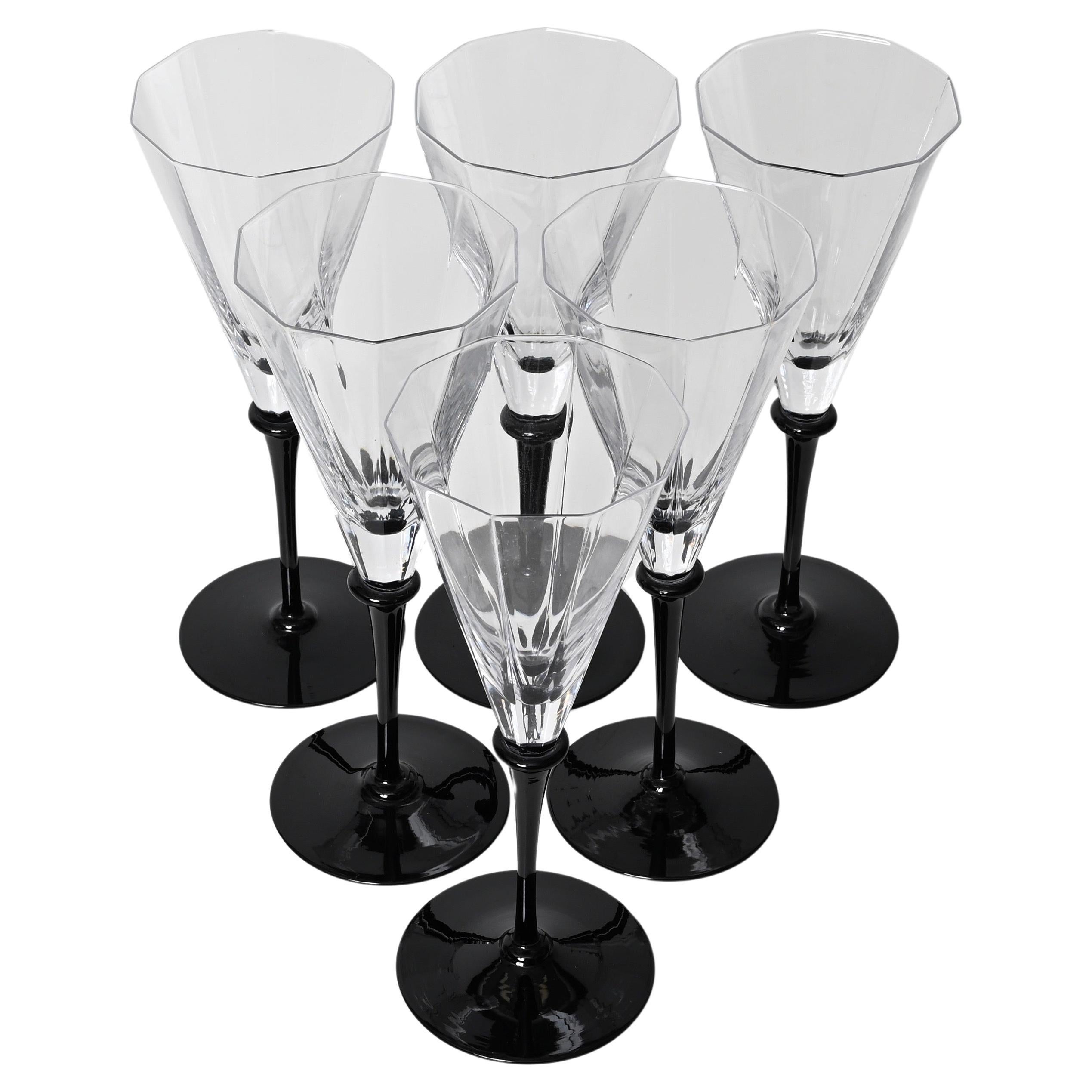 Set of 6 Signed Cartier Champagne Glasses, Crystal with Black Stem, France 1980s For Sale