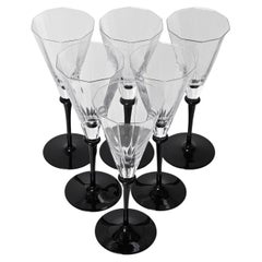 Set of 6 Signed Cartier Champagne Glasses, Crystal with Black Stem, France 1980s