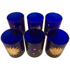 Set of 6 Signed Culver "Celestial" Cobalt Blue & 22-Karat Gold Cocktail Glasses