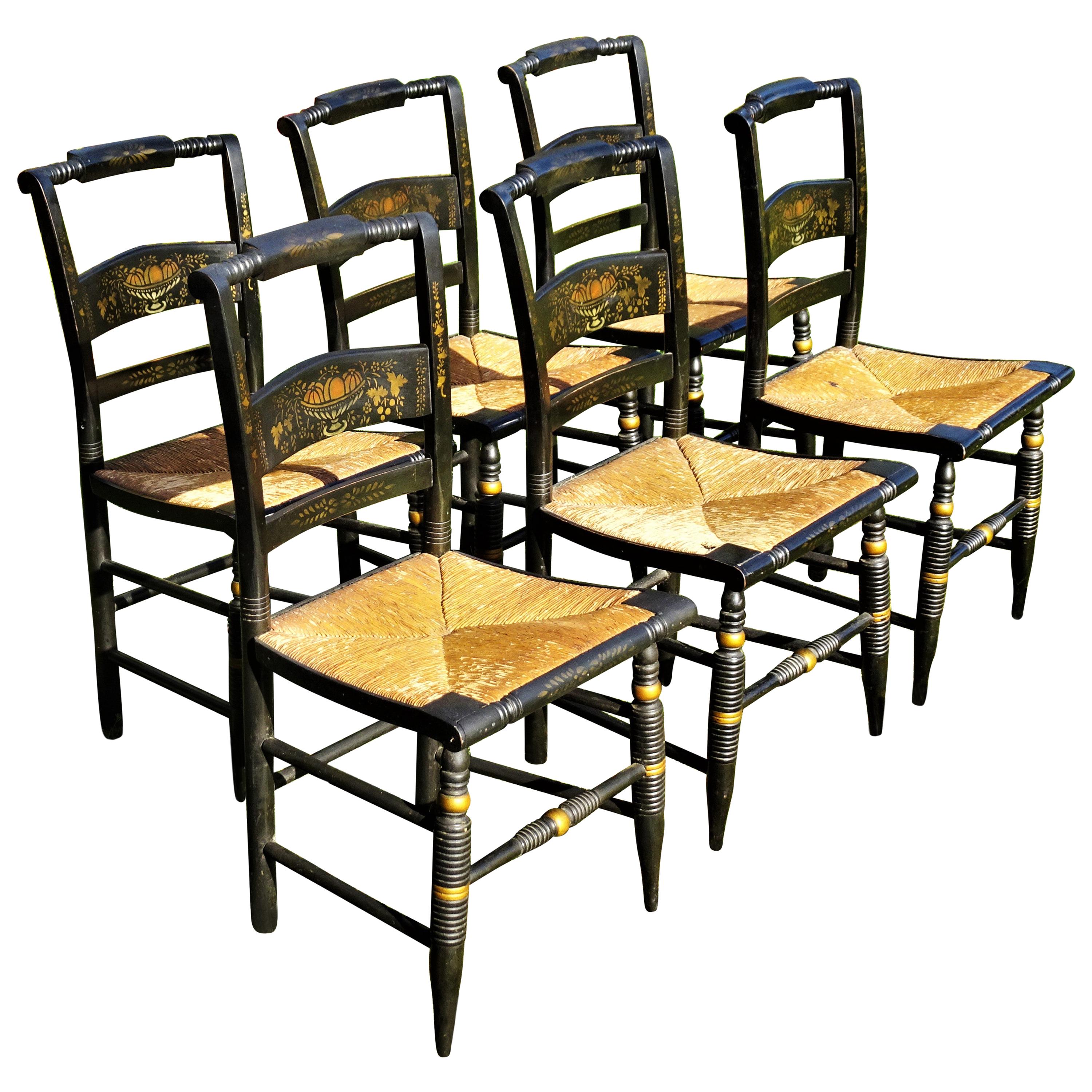 Set of 6 Signed Vintage Hitchcock Painted and Stenciled Side Chairs, circa 1958