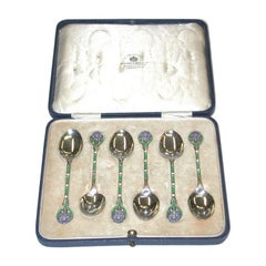 Set of 6 Silver and Enamel Coffee Spoons, Mappin & Webb, 1933, Birmingham