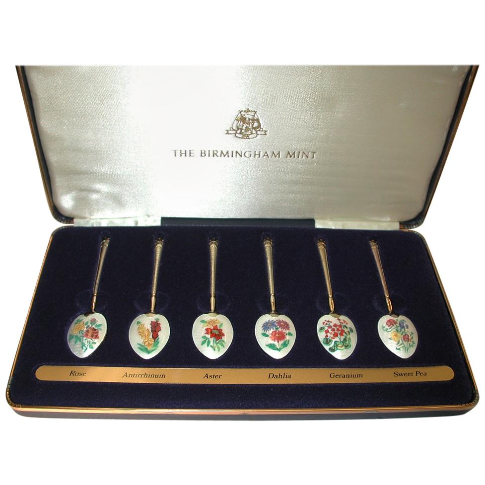 Set of 6 Silver Gilt and Flower Enameled Coffee Spoons, Dated 1978, Birmingham