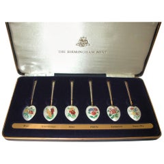 Vintage Set of 6 Silver Gilt and Flower Enameled Coffee Spoons, Dated 1978, Birmingham