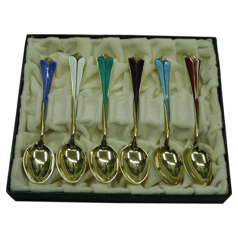 Set of 6 Silver Gilt Norwegian Enamelled Coffee Spoons David Andersen Circa 1930
