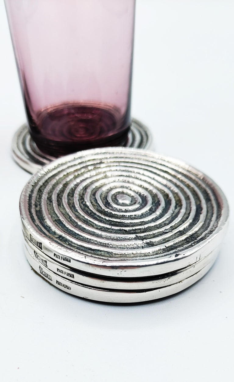Set of 6 Silver Metal Coasters by Valenti, Spain 1970s 2