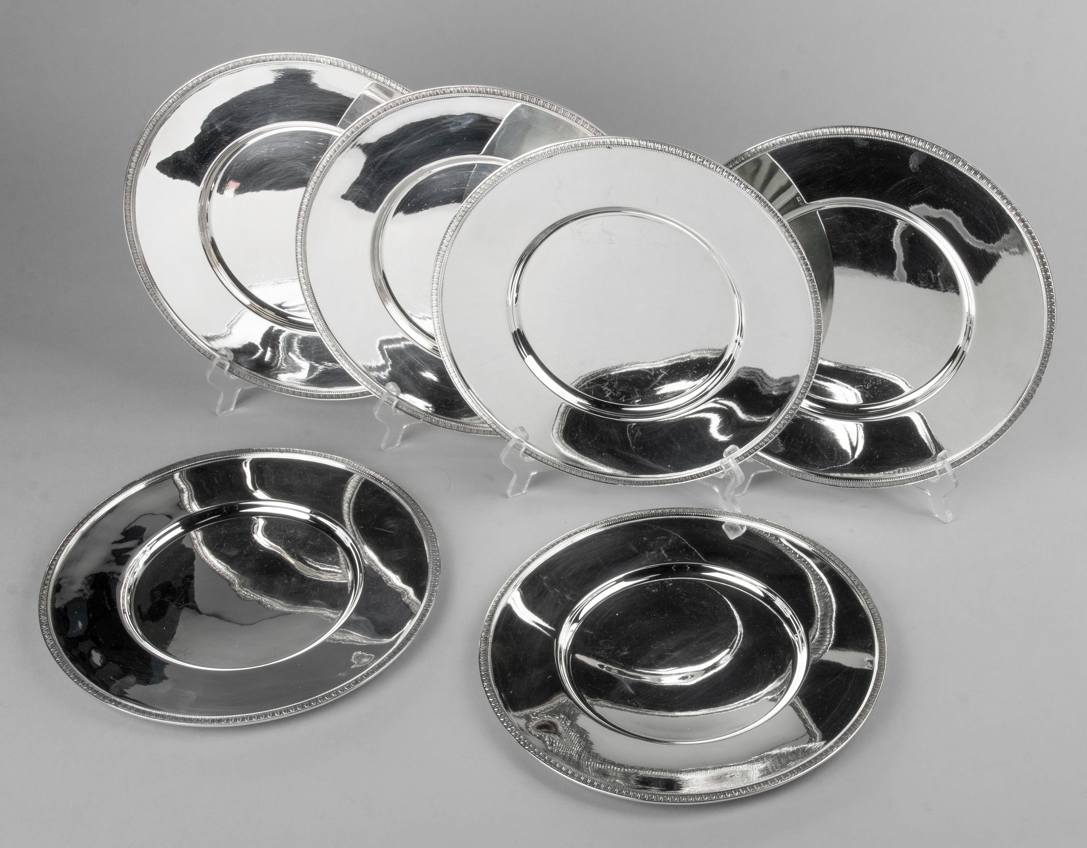 Empire Set of 6 Silver Plated Plates Made by Christofle Model Malmaison