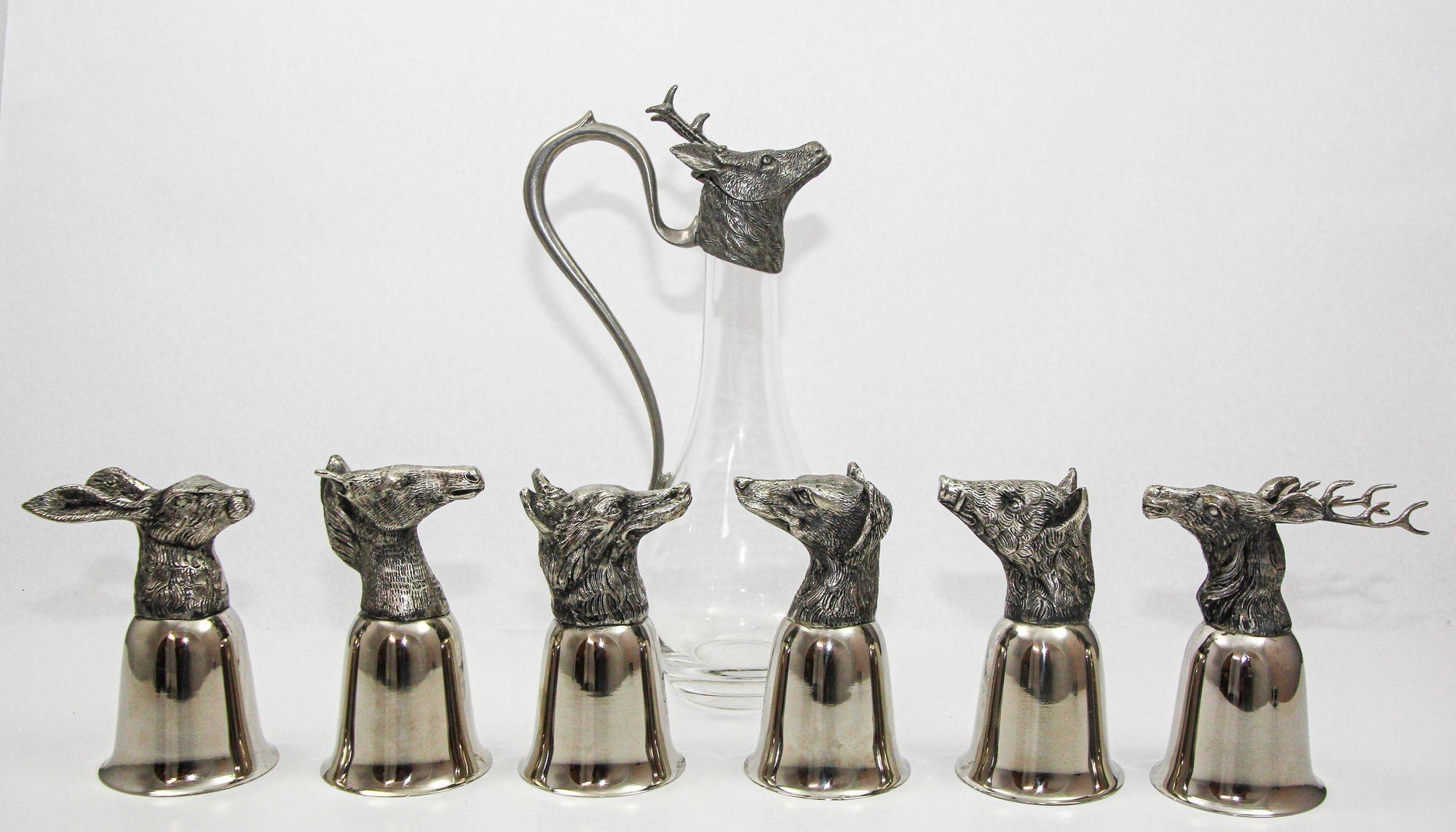 Set of 6 Silver Stirrup Cups Goblets Animal Heads with Wine Decanter Italy 1970s For Sale 7