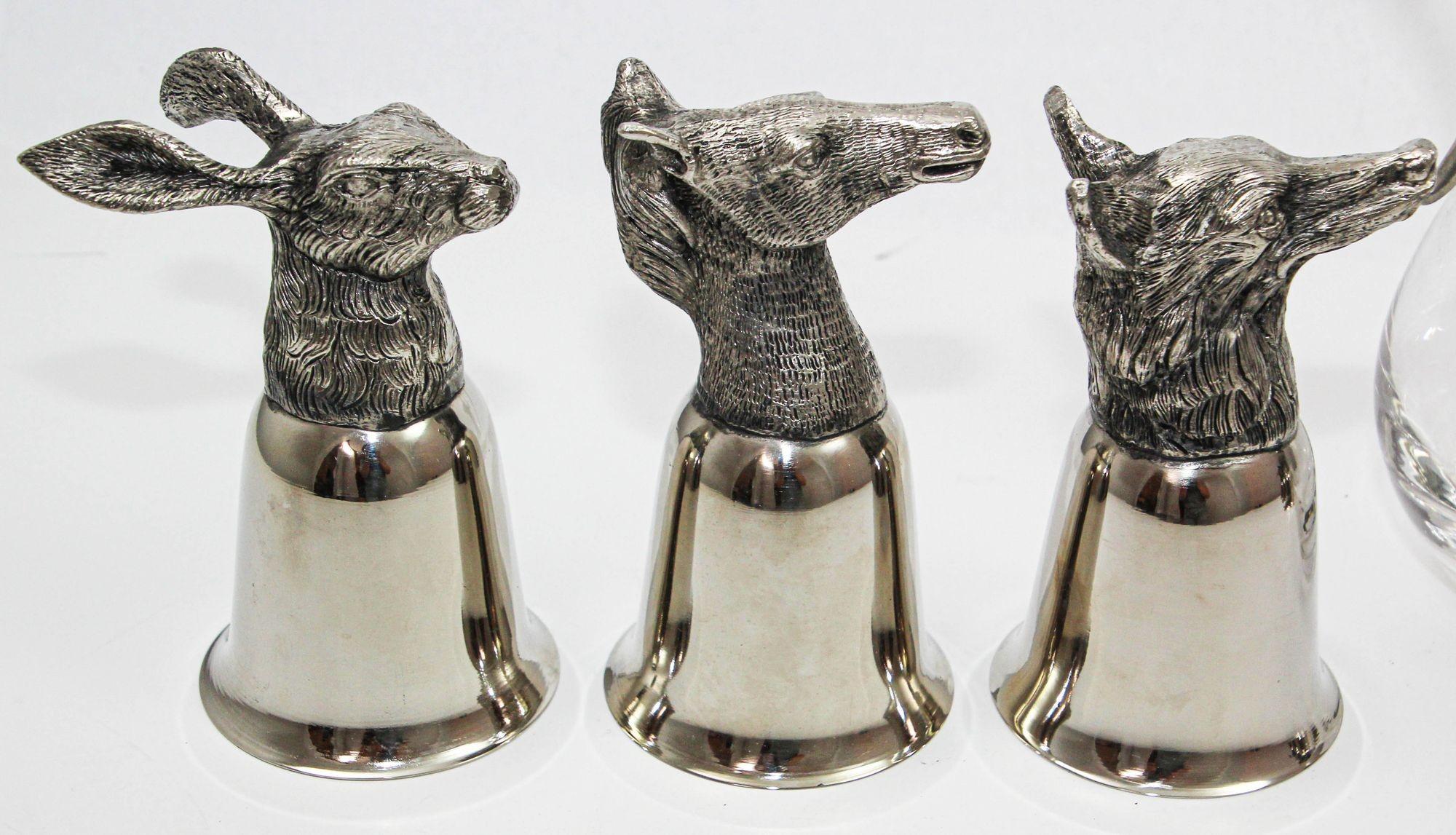 Set of 6 Silver Stirrup Cups Goblets Animal Heads with Wine Decanter Italy 1970s For Sale 8