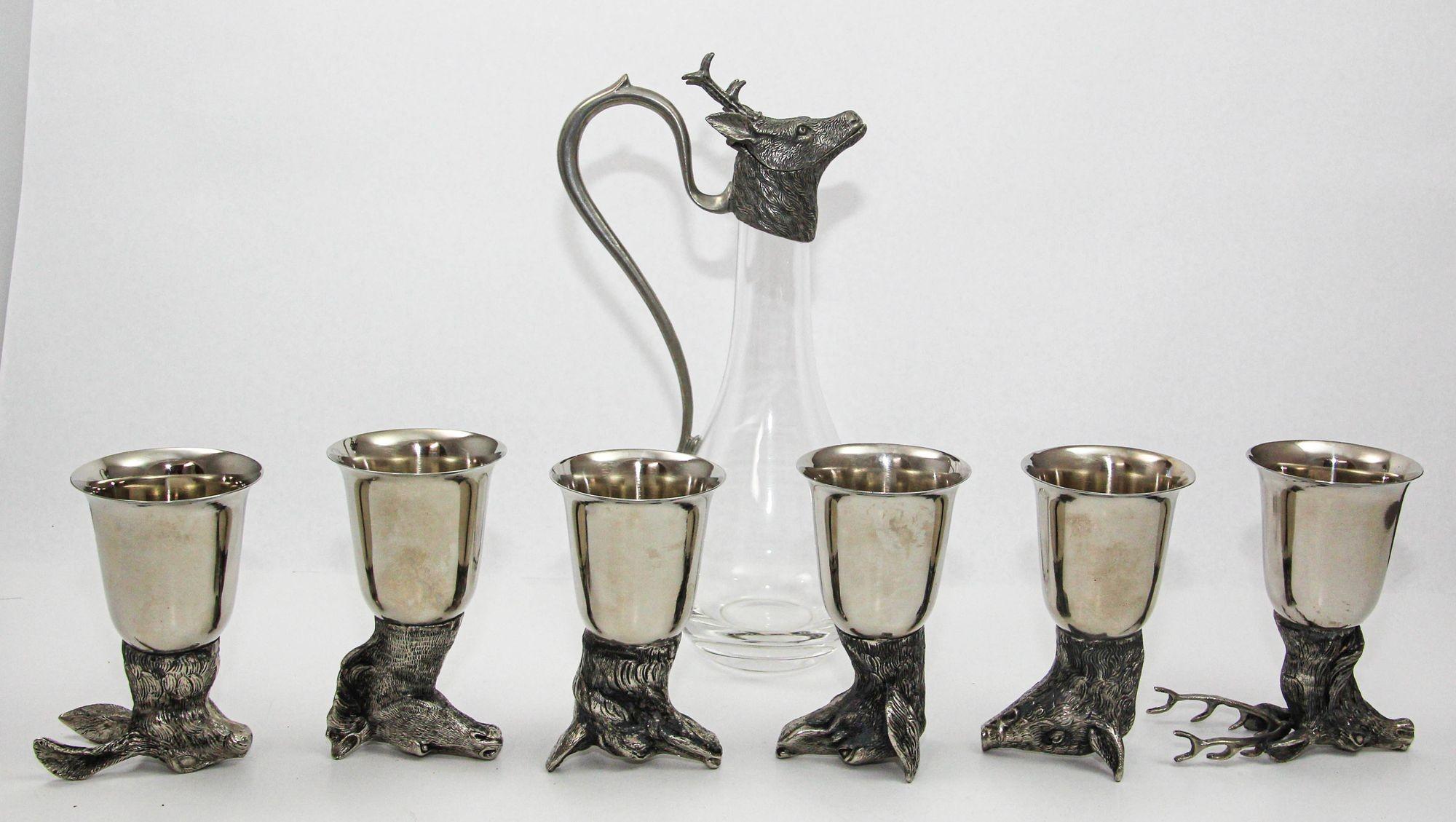 Set of 6 Silver Stirrup Cups Goblets Animal Heads with Wine Decanter Italy 1970s For Sale 9
