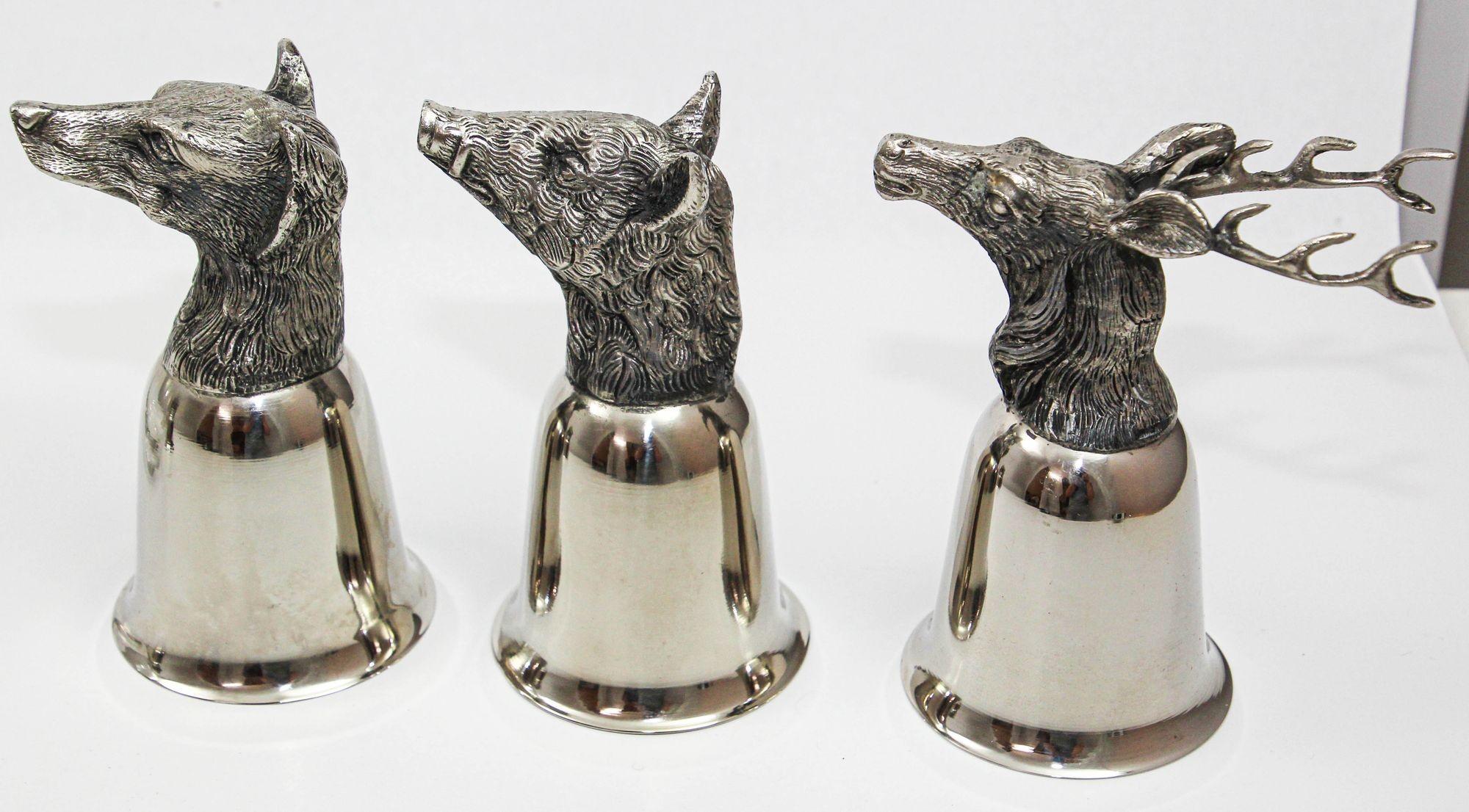 Set of 6 Silver Stirrup Cups Goblets Animal Heads with Wine Decanter Italy 1970s For Sale 10