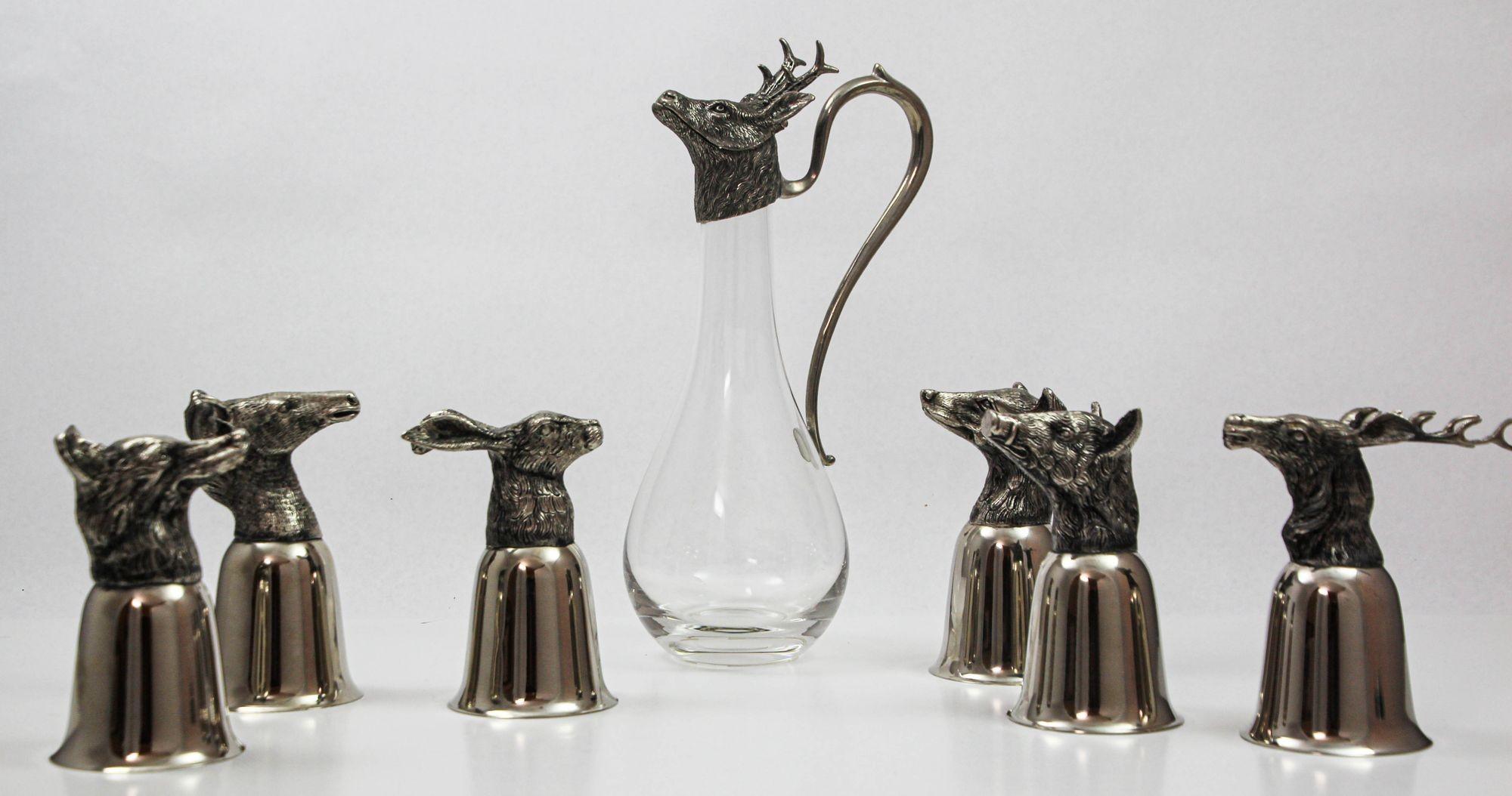Set of 6 Silver Stirrup Cups Goblets Animal Heads with Wine Decanter Italy 1970s For Sale 11