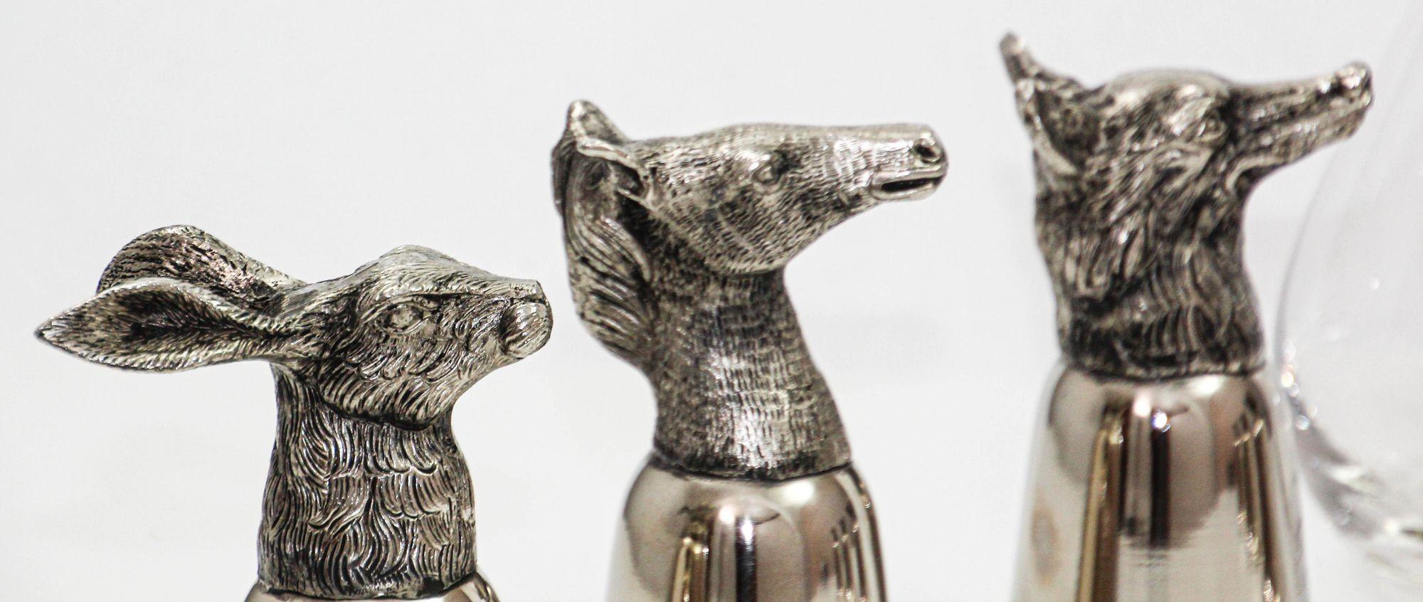 Victorian Set of 6 Silver Stirrup Cups Goblets Animal Heads with Wine Decanter Italy 1970s For Sale