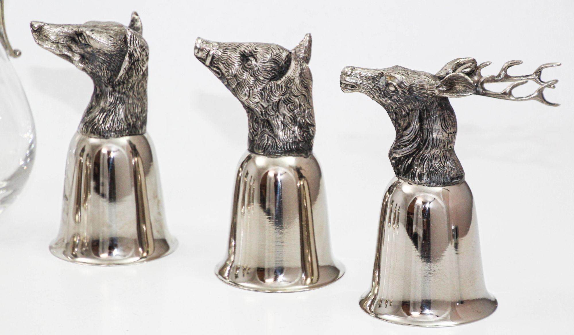 Italian Set of 6 Silver Stirrup Cups Goblets Animal Heads with Wine Decanter Italy 1970s For Sale