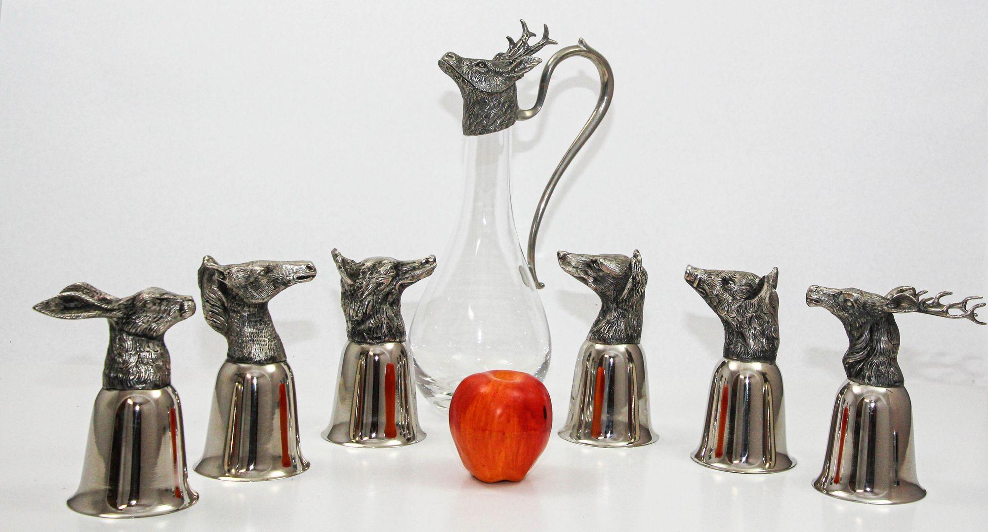 Hand-Crafted Set of 6 Silver Stirrup Cups Goblets Animal Heads with Wine Decanter Italy 1970s For Sale